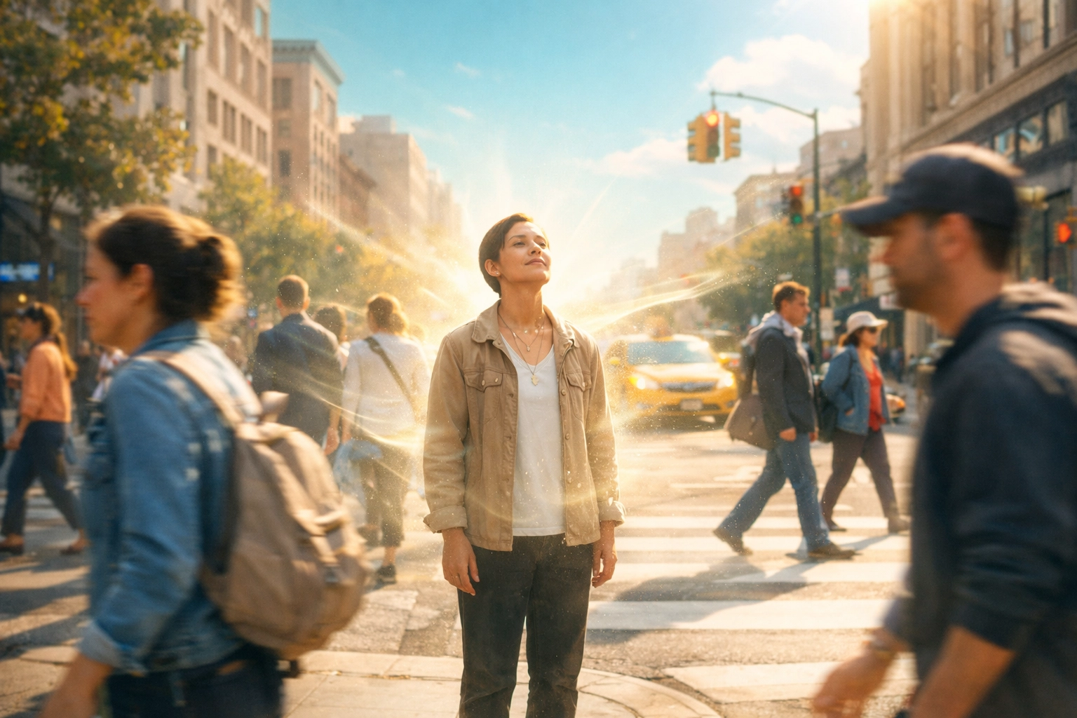A believer standing peacefully on a busy city street reflecting the hope and light of Jesus Christ.