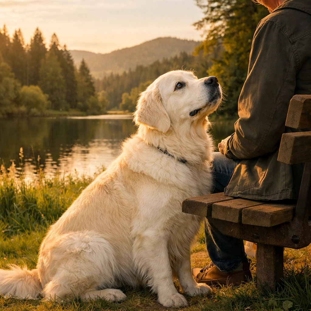 A calm temperament English Cream Golden Retriever sitting with its handler in a lush Oregon park.