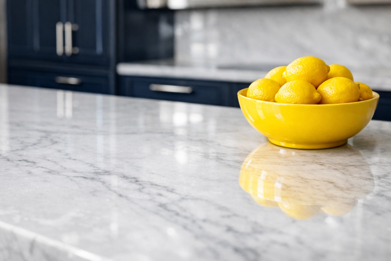 Spotless marble kitchen island and navy cabinetry reflecting the high-vibration results of a deep cleaning service.