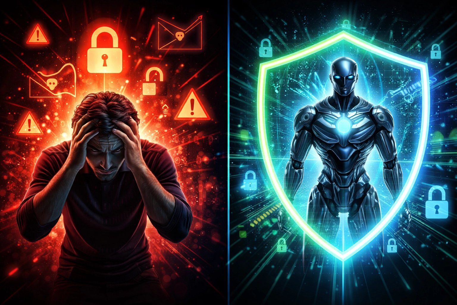 Split image highlights human security risks versus secure AI agents, emphasizing privacy-first AI deployment