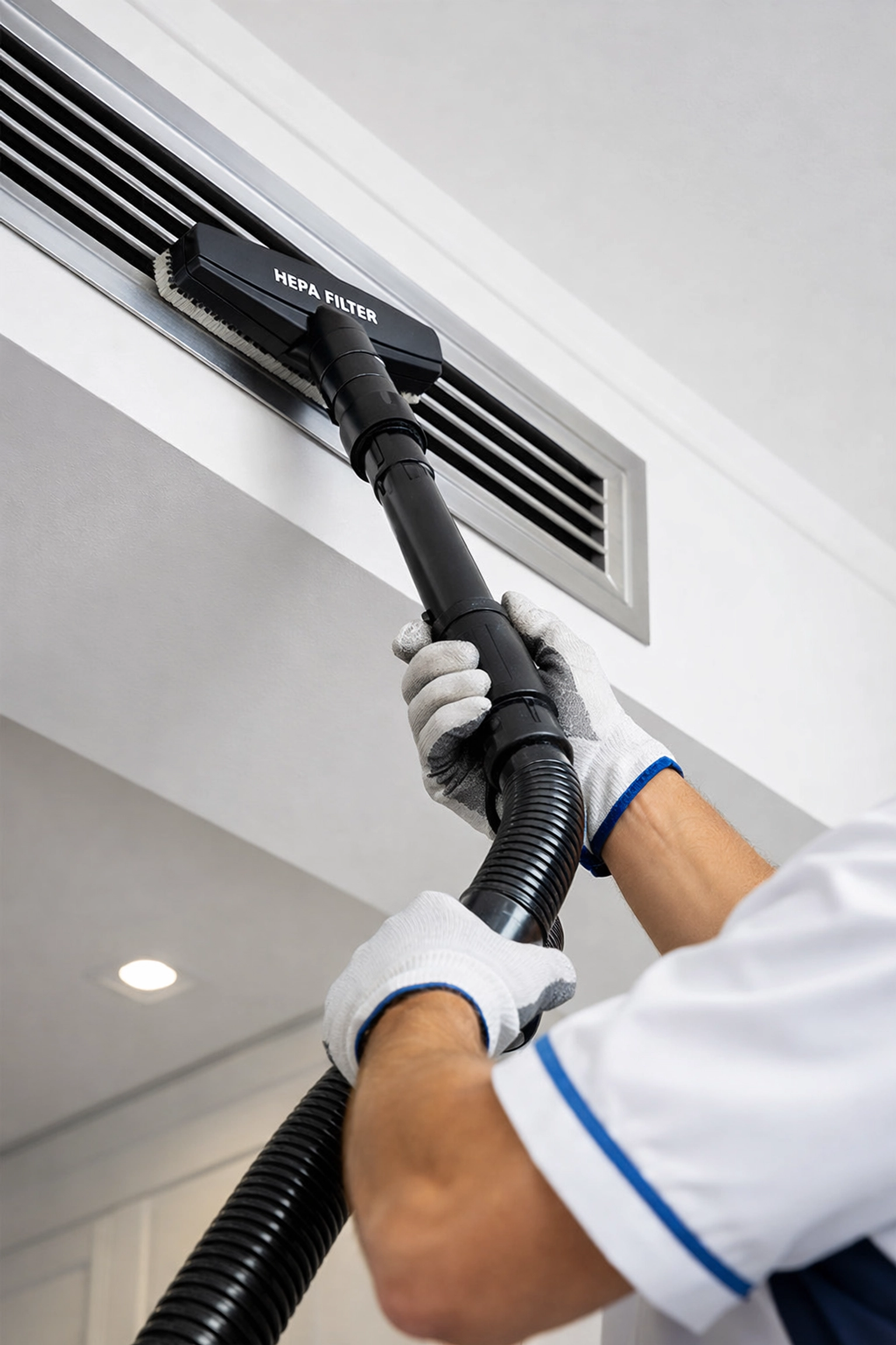 Expert cleaner using a HEPA vacuum on a ventilation duct during a post-construction cleaning MA project.