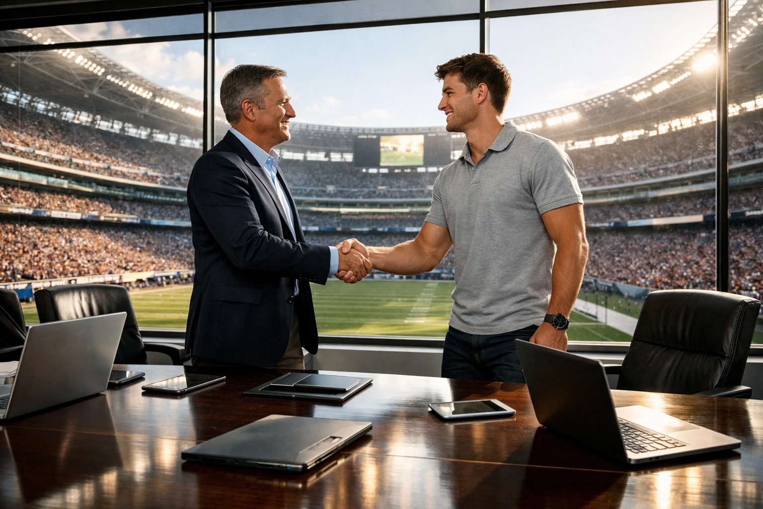 Business executive and athlete shaking hands in a boardroom, symbolizing strategic NIL partnerships.
