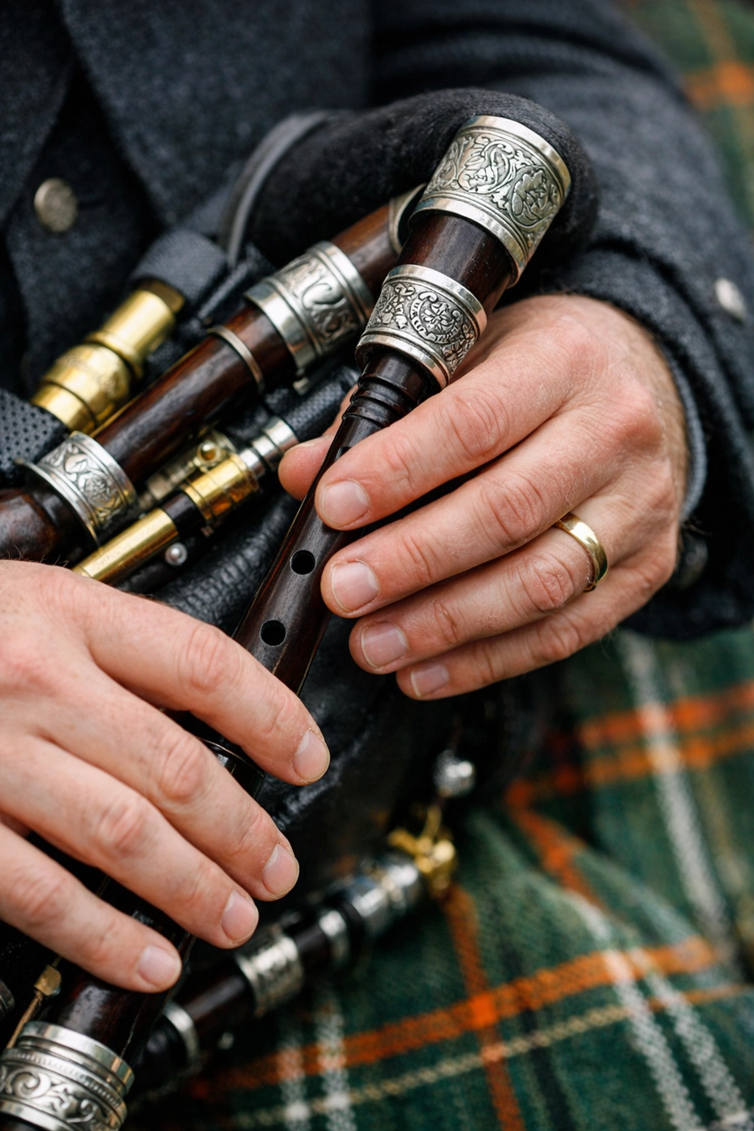 Close-up of a traditional Irish bagpipe player performing at the Montreal St. Patrick’s Parade.