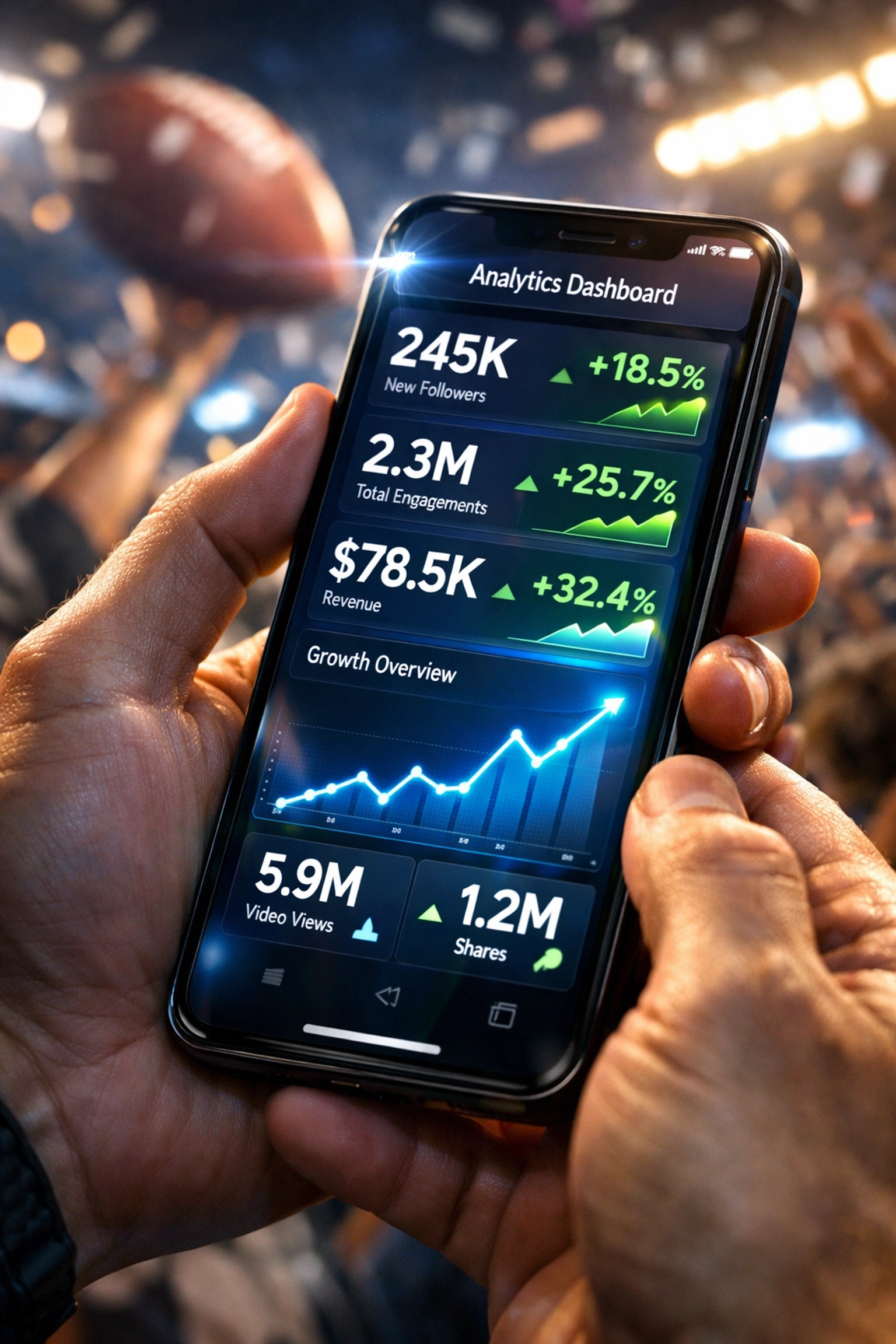 Smartphone showing Super Bowl marketing engagement metrics and analytics dashboard