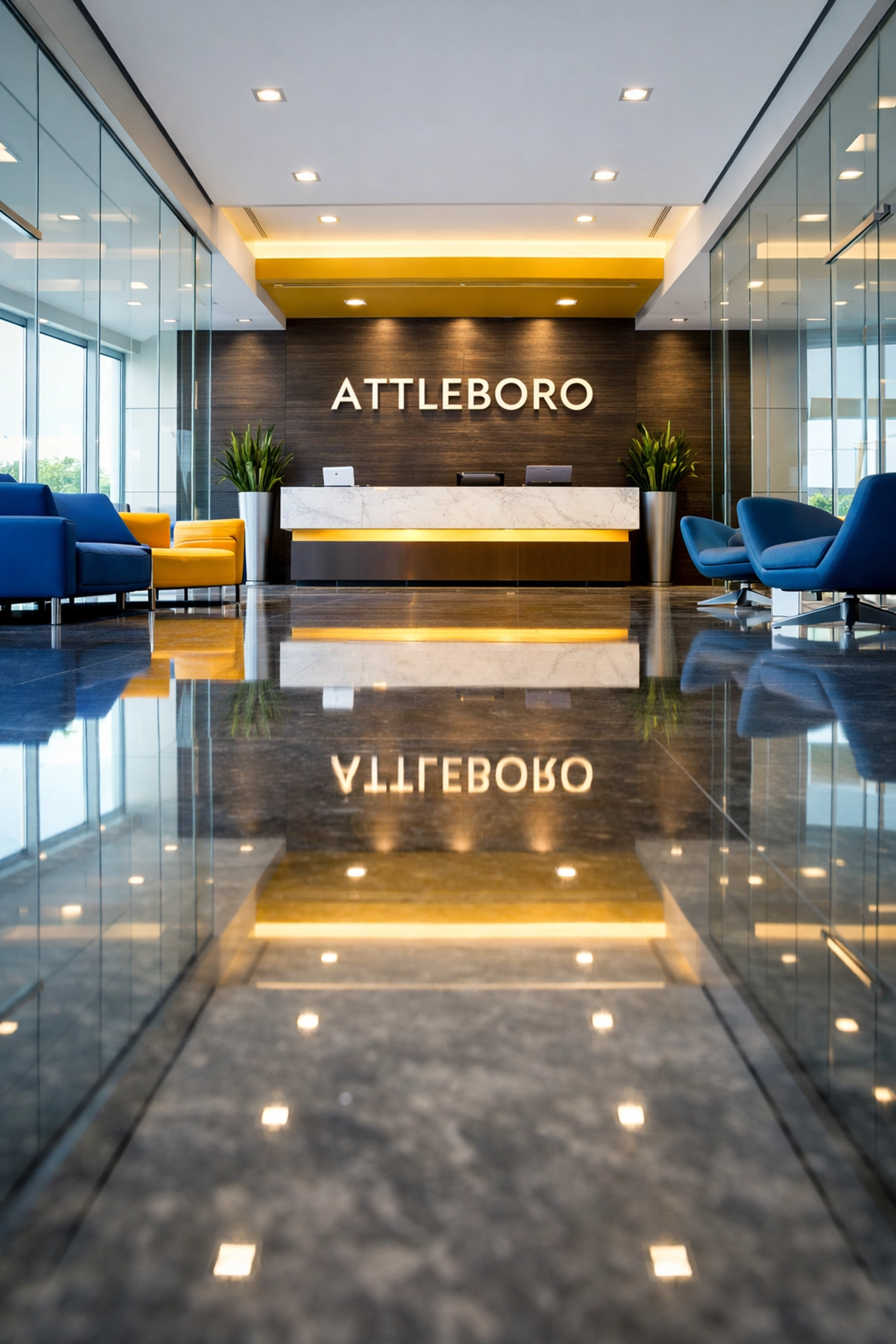 Immaculate Attleboro corporate lobby featuring expertly waxed marble floors and clean glass partitions.