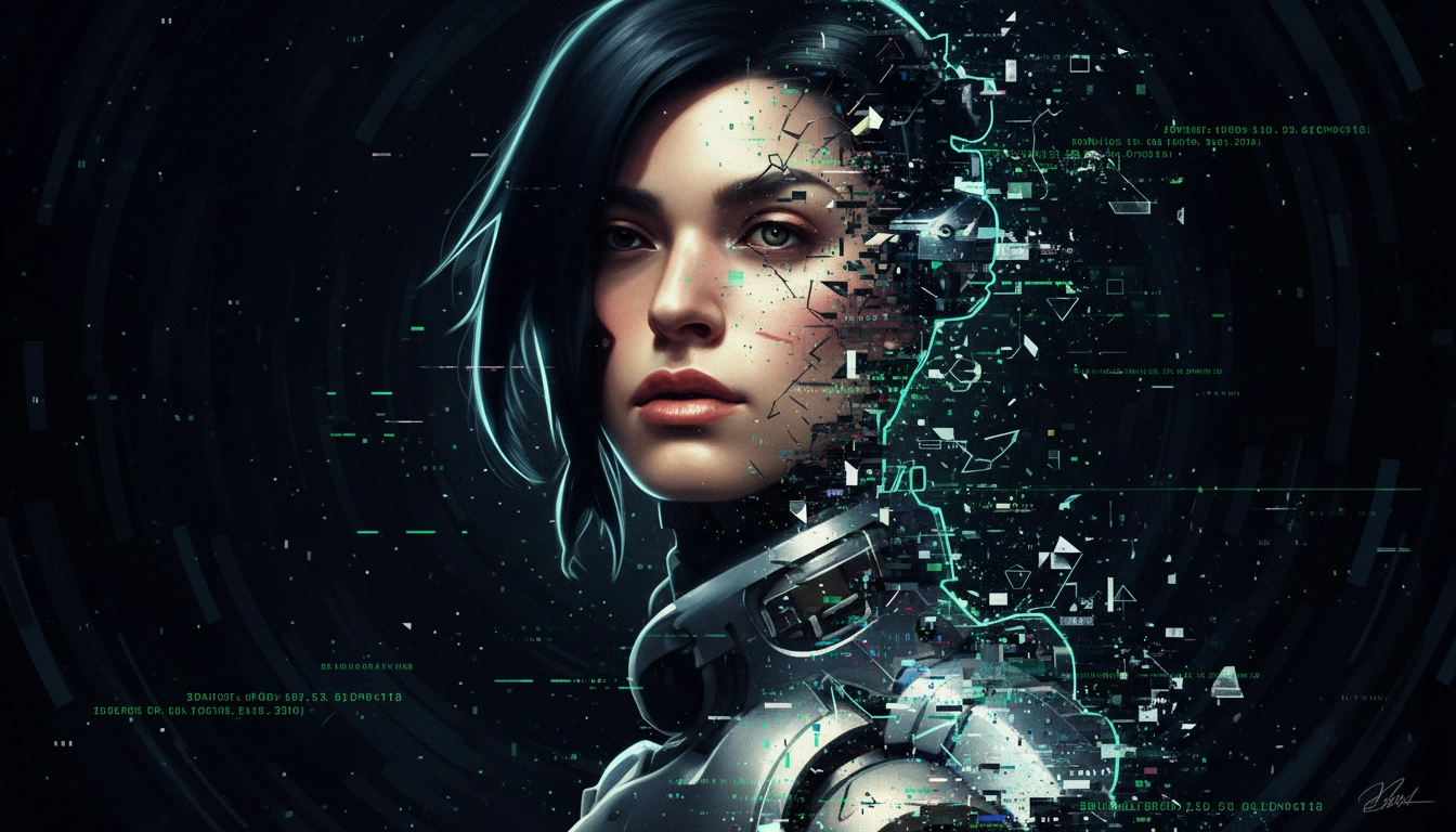 Cybernetic Woman: Fractured Identity A woman with a determined expression, featuring a subtle facial scar, is fused with advanced cybernetic enhancements. Her mechanical armor and neural interfaces reflect the collision of human identity and technology, embodying themes from TM Kaiser's reality-bending, psychological fiction exploring fractured worlds and shifting identities.