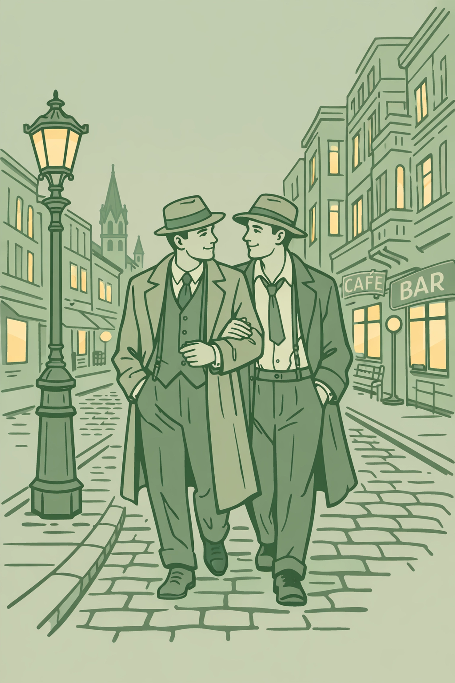 Two men in 1920s Berlin Schöneberg walking together, illustrating gay romance in Weimar-era Germany
