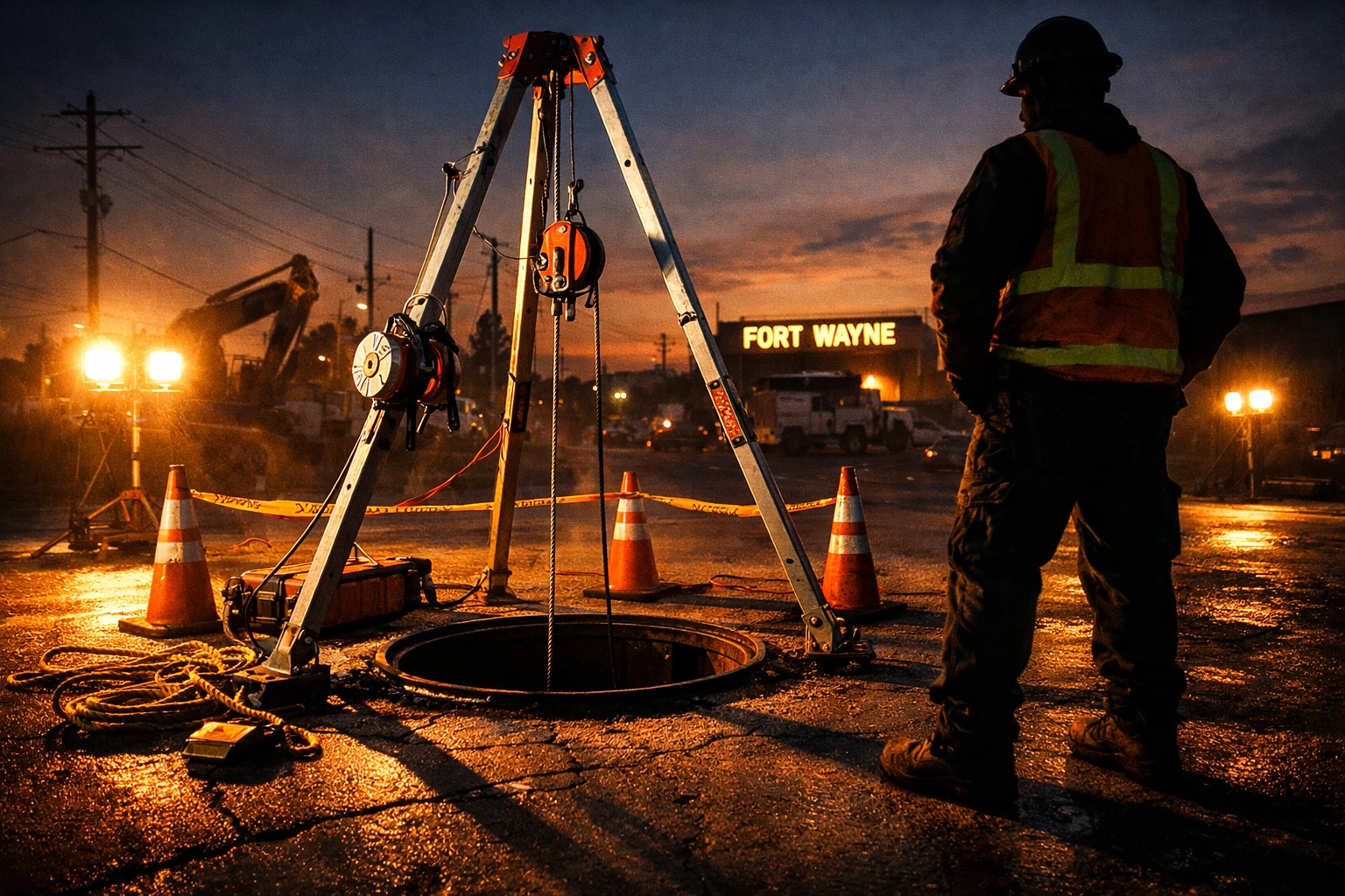 Industrial confined space rescue tripod and winch set up for safety at a utility site in Fort Wayne.