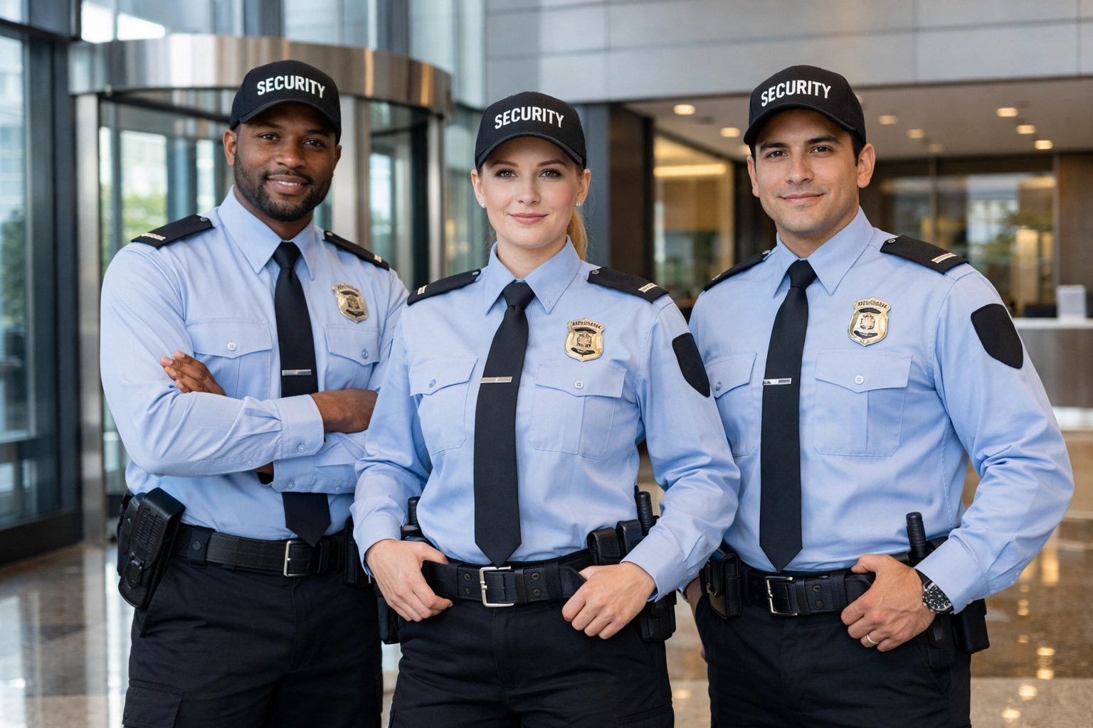 Professional uniformed security guard team in modern commercial building lobby