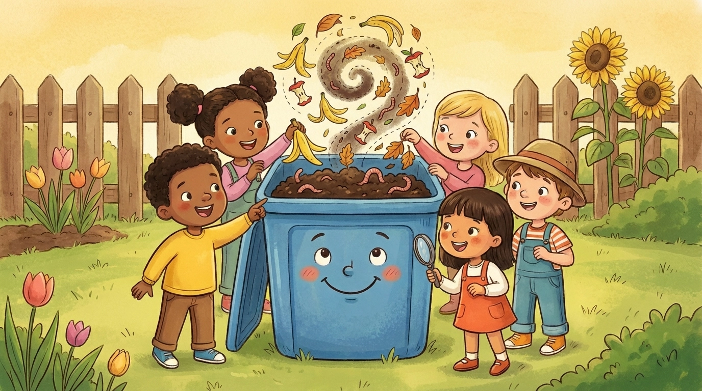 Cartoon children gather excitedly around a backyard compost bin, turning food scraps into garden soil.