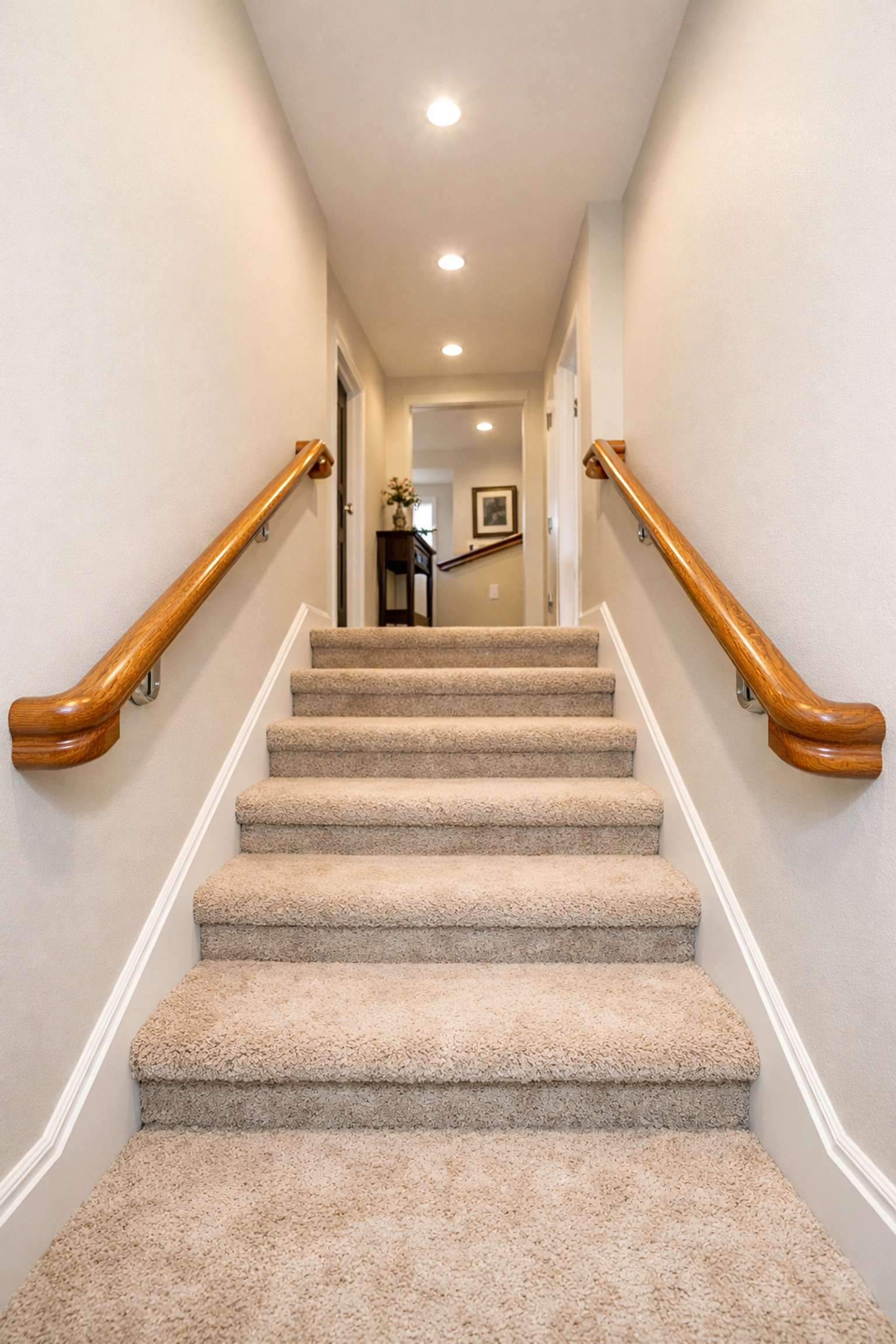 Sturdy wooden handrails on both sides of a staircase for improved balance and safety.