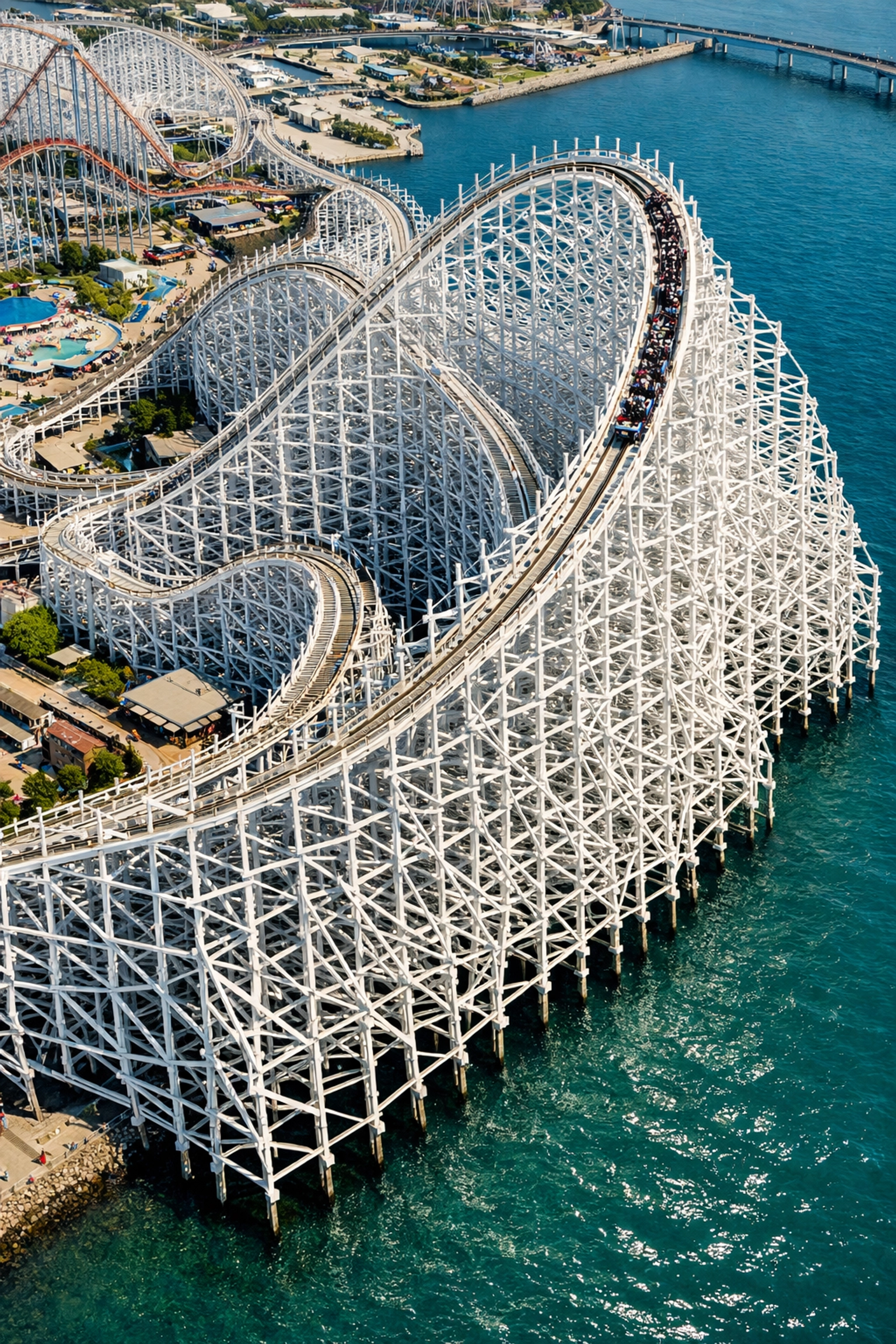 Aerial view of white Hakugei coaster tracks at Nagashima Spa Land, a top architectural photo spot.