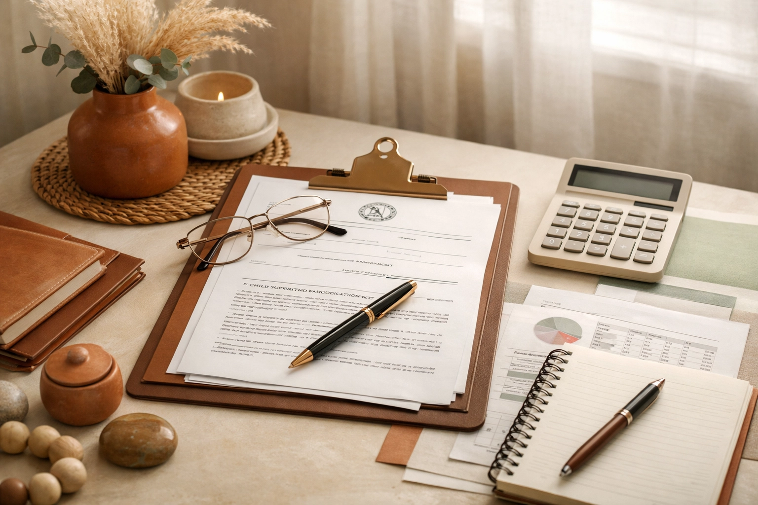 Child support modification in Virginia documents with a calculator and organized financial paperwork on a desk in terracotta, sage, and cream tones.