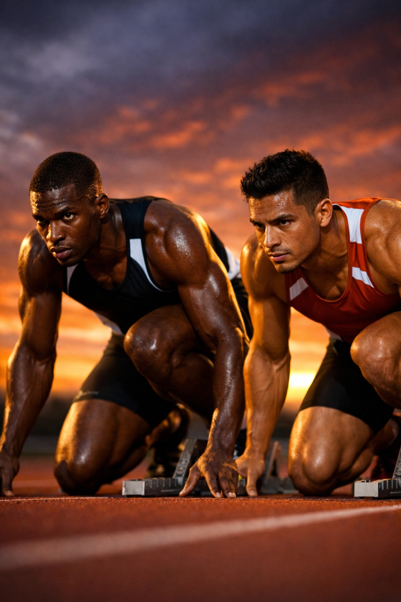 Two male runners poised at starting blocks in track and field, representing LGBTQ+ athletic determination