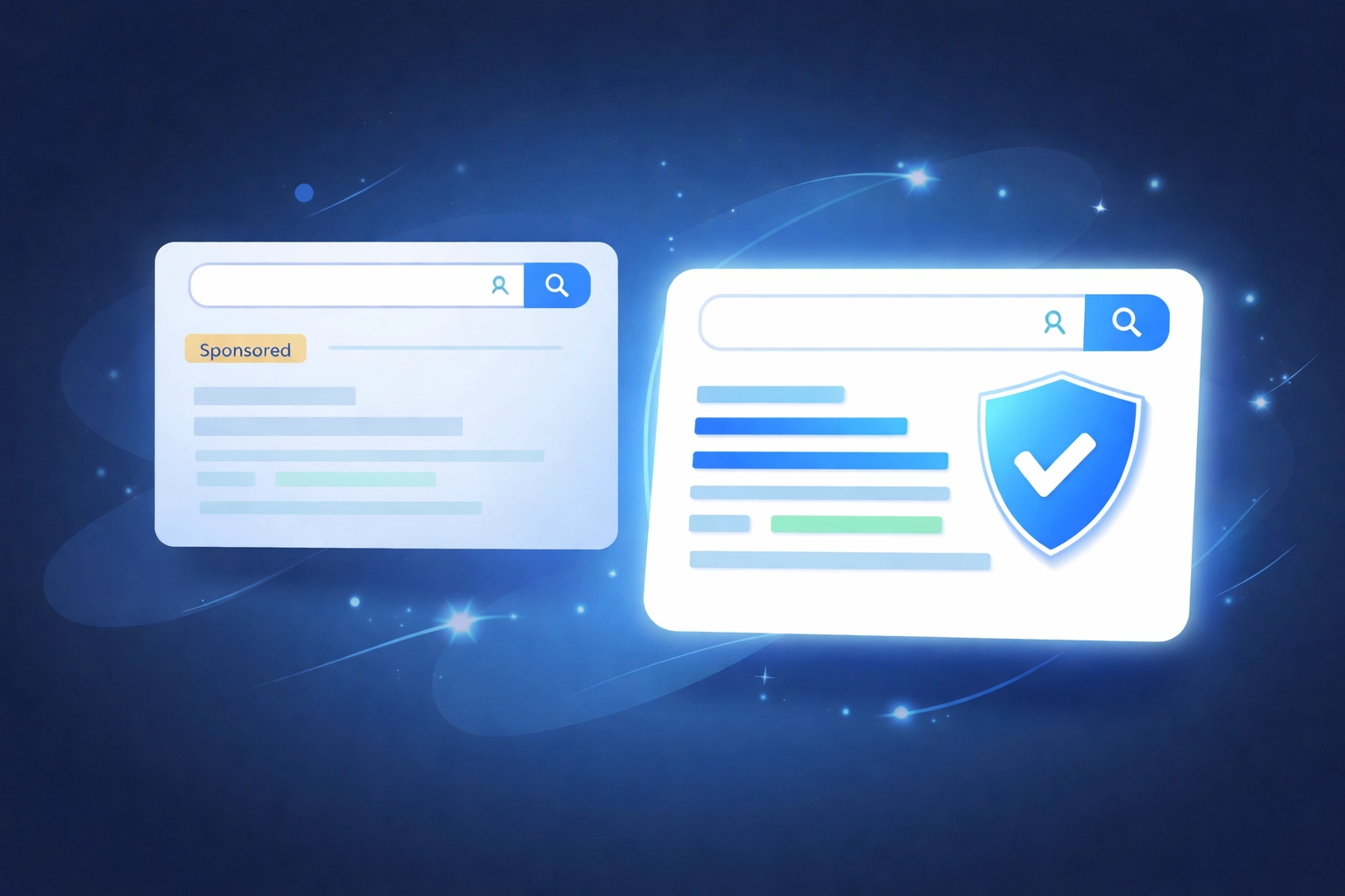 Search results illustration highlighting trust in organic listings versus paid ad placements