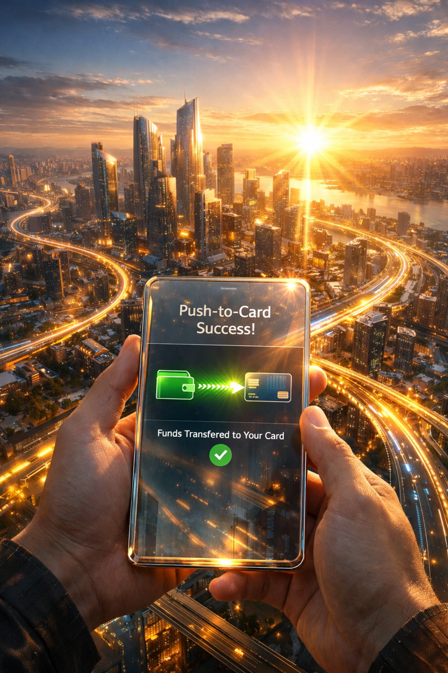 Successful push-to-card crypto payment on a mobile device set against a high-tech smart city at sunrise.