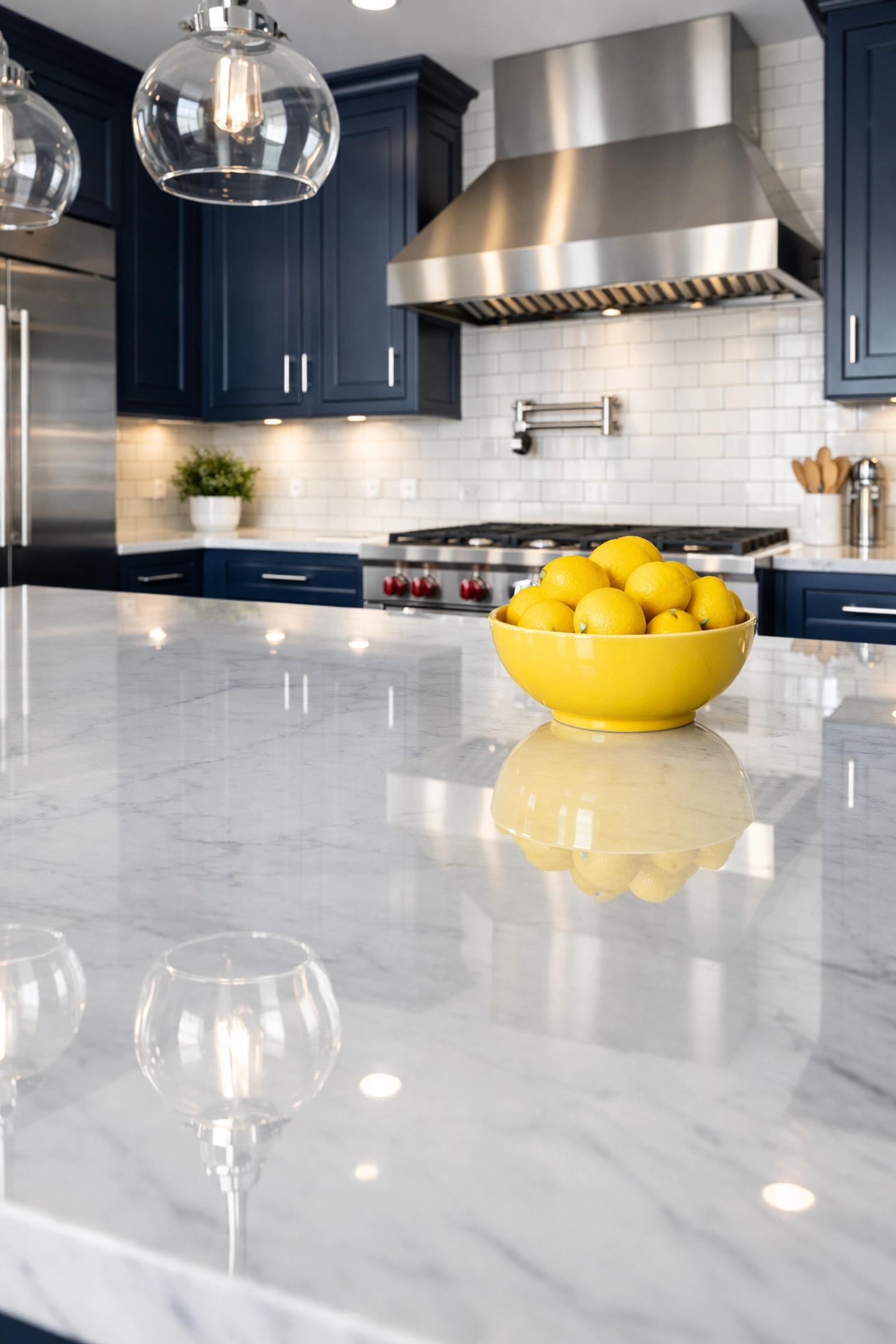 A spotless luxury kitchen featuring white marble and blue cabinets after Spring Cleaning Massachusetts.