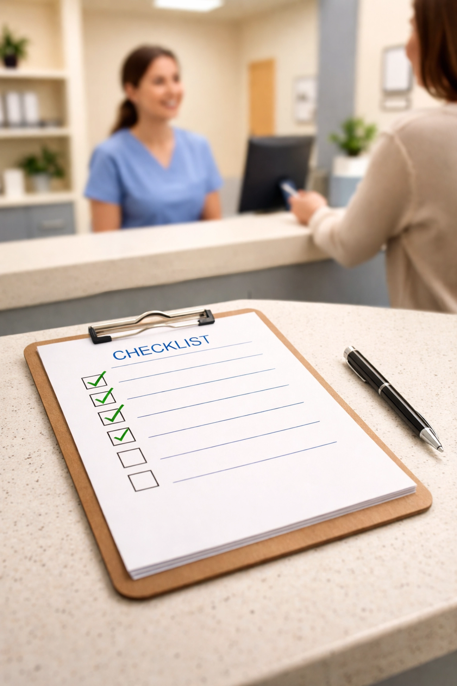 Medical front desk checklist on a clipboard for insurance verification and thorough patient registration
