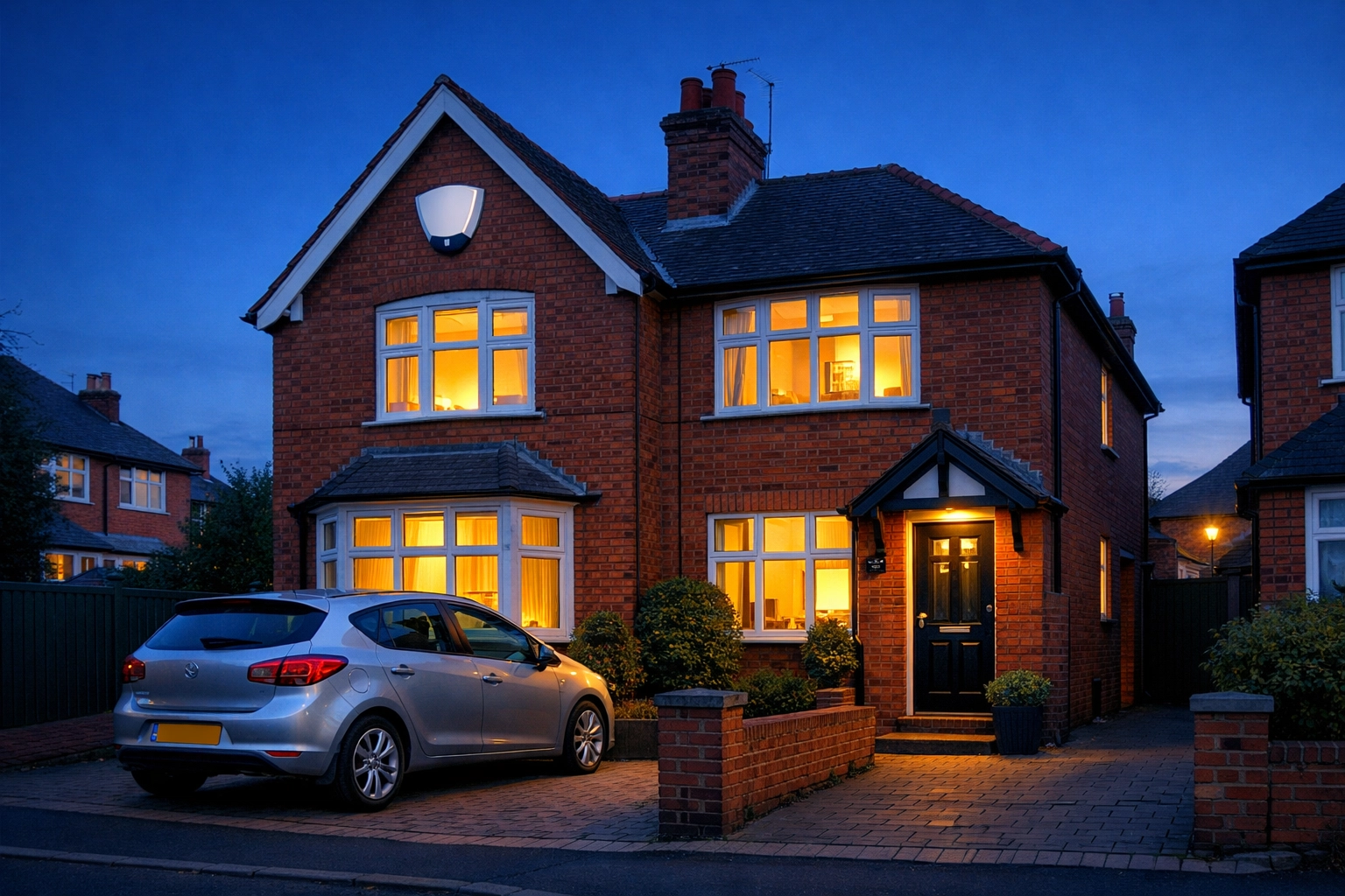 Modern white intruder alarm box installed on a red-brick Worcester semi-detached house at twilight.