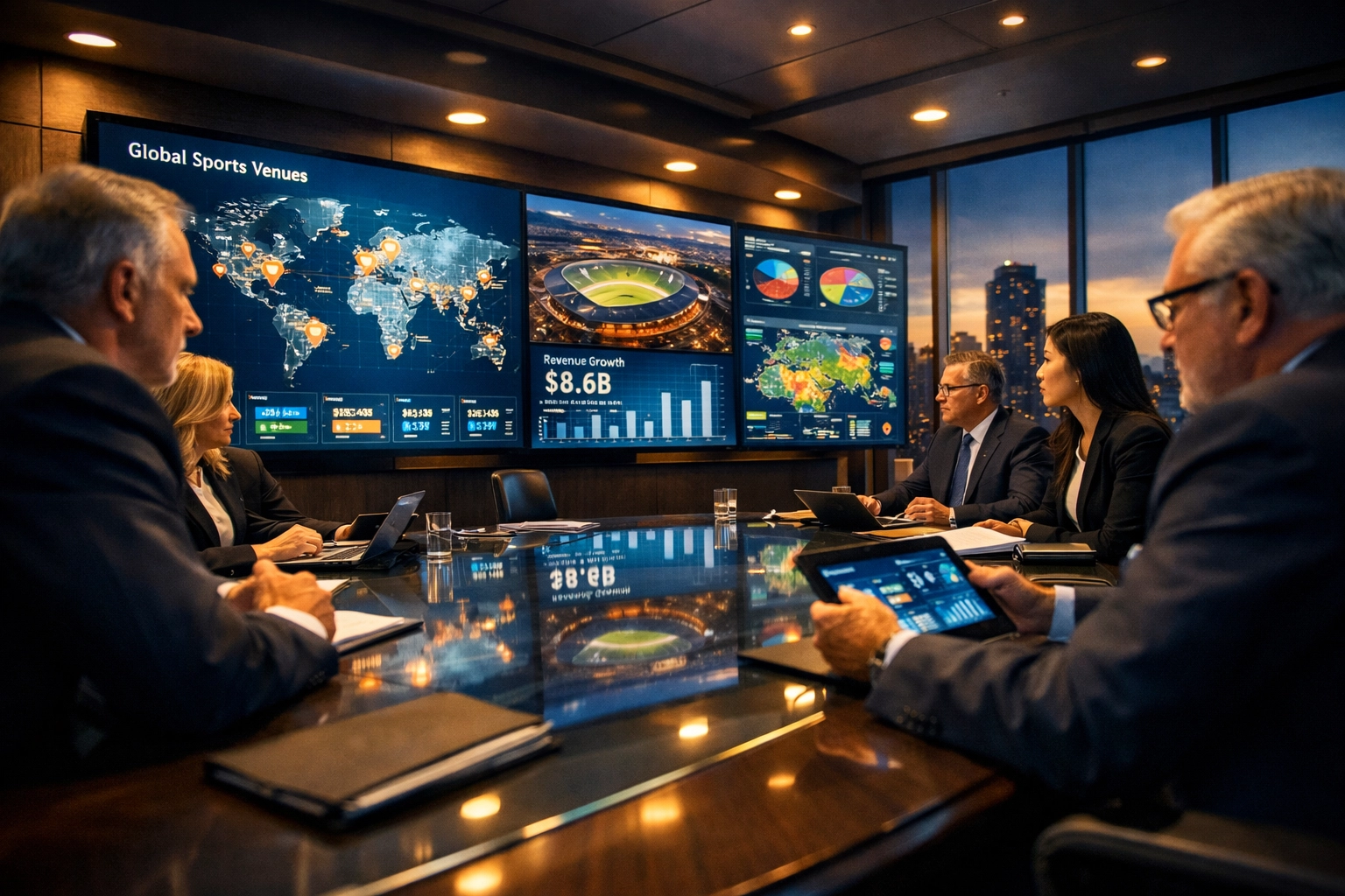 Fortune 500 executives reviewing global sports advertising network expansion strategy in boardroom