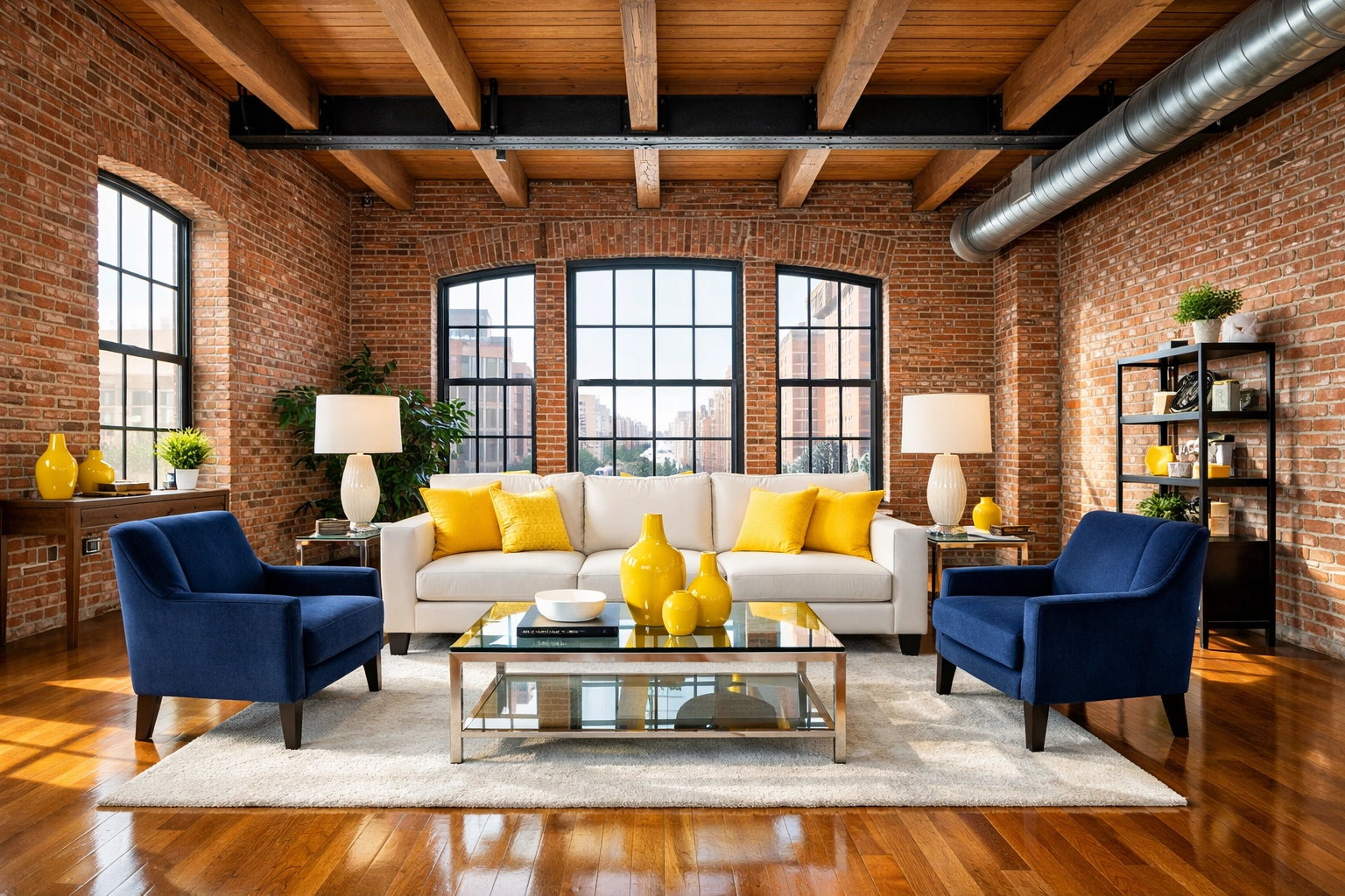 Result of professional residential cleaning in Lowell: a spotless loft living room with exposed brick walls.
