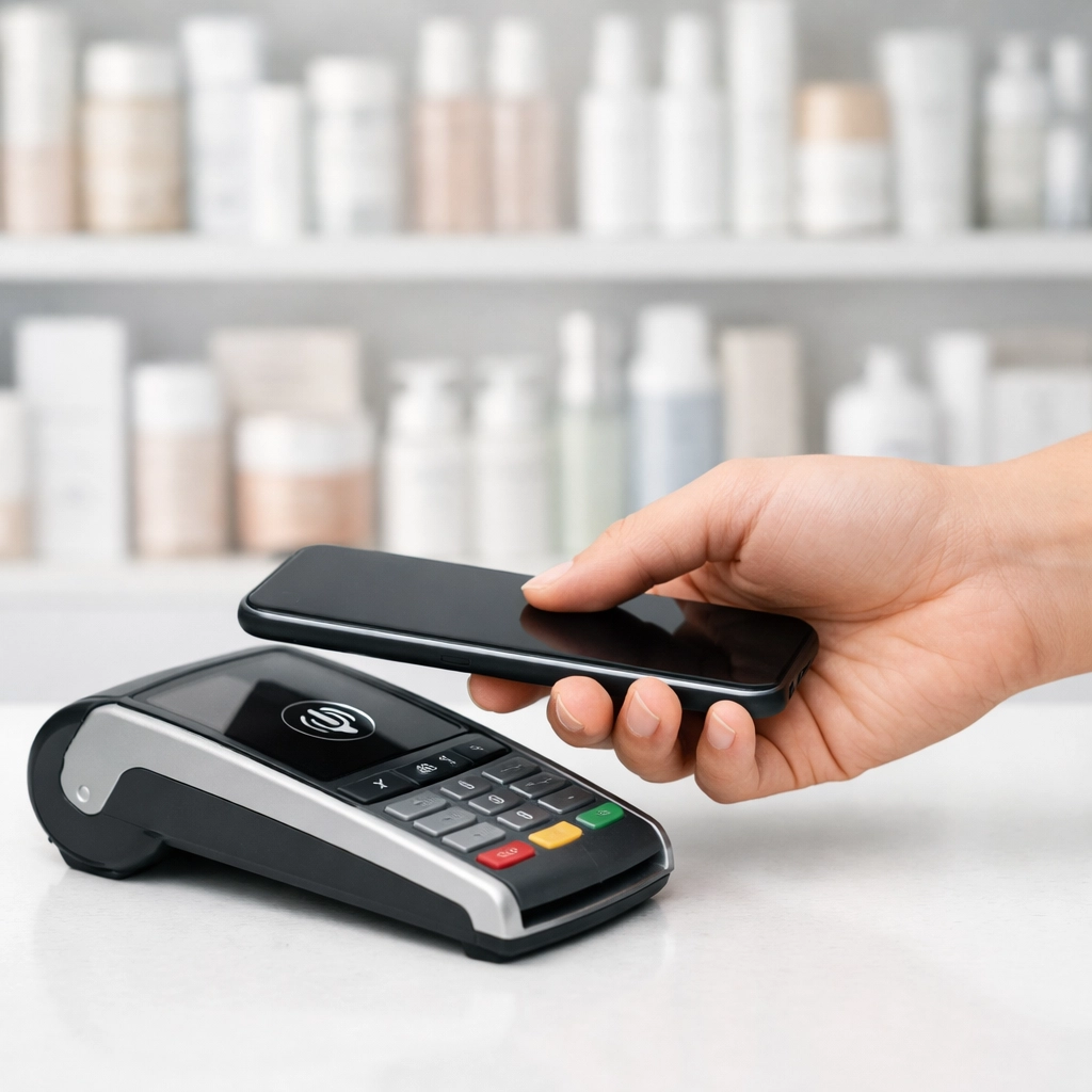 Person making a contactless payment at a pharmacy abroad using a digital wallet on their smartphone.