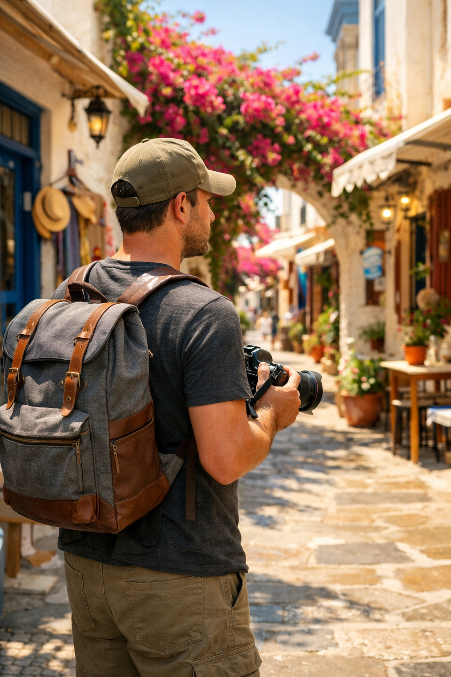Travel photographer capturing street scenes in a coastal town to build a unique photography portfolio.