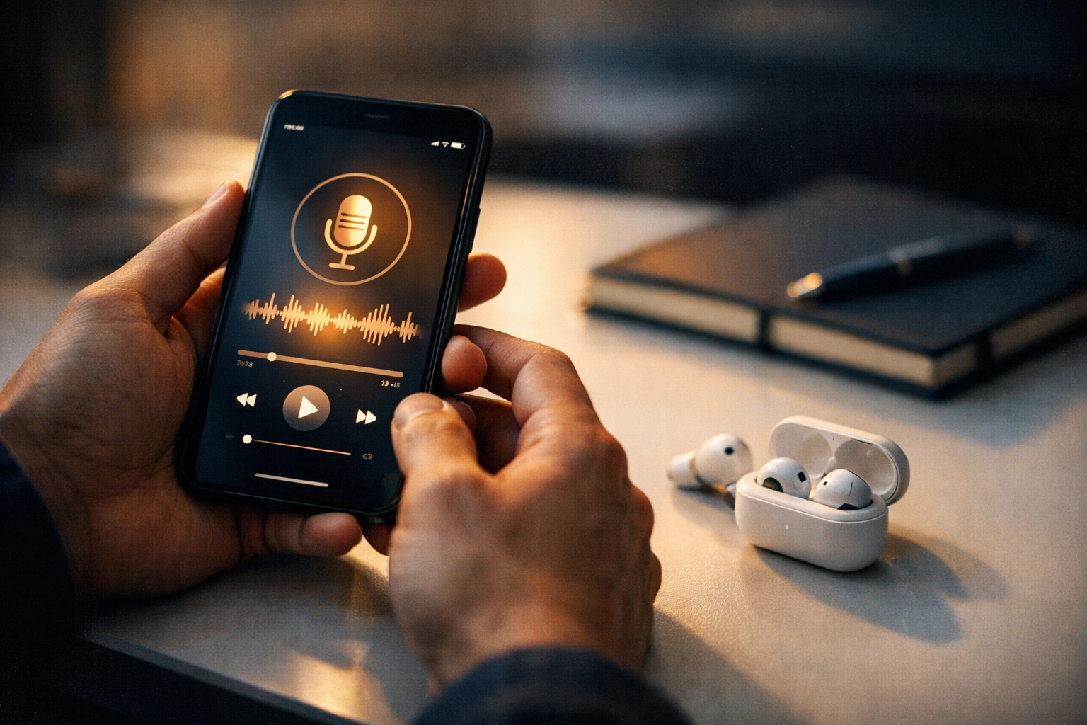 Hands holding smartphone with Bible study podcast app and wireless earbuds on desk