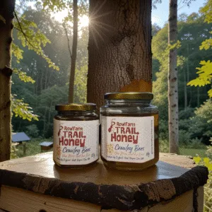 Two jars of Crawley Bees’ Rowfant Trail Honey placed on a beehive in a sunlit woodland apiary near Crawley.
