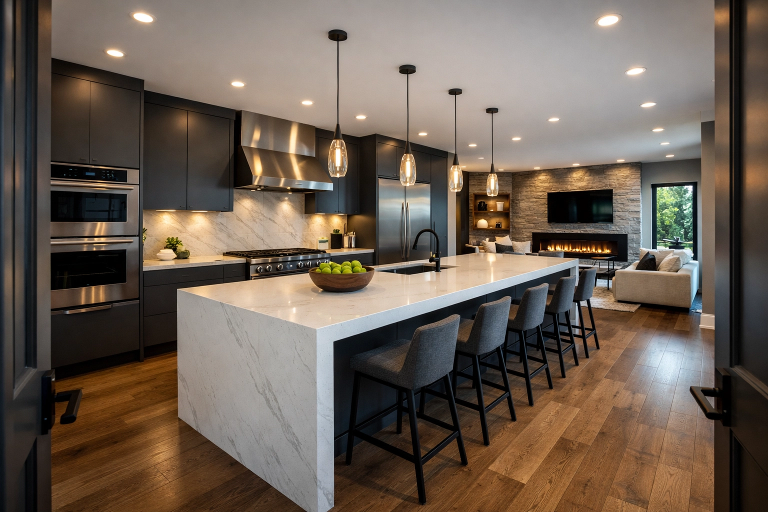 Luxury kitchen renovation success story in Orlando featuring a modern waterfall quartz island.