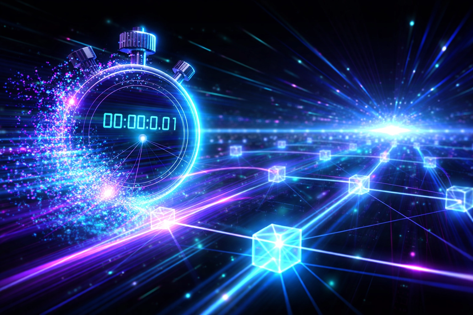 A digital stopwatch exploding with electric streaks symbolizes Larecoin's instant crypto payment speed over blockchain networks.