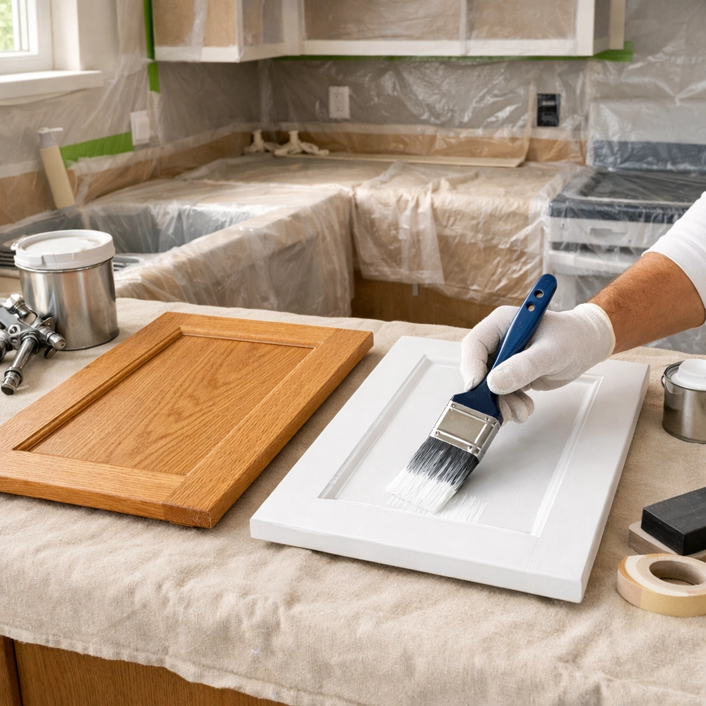 Professional kitchen cabinet painting service showing precise application technique