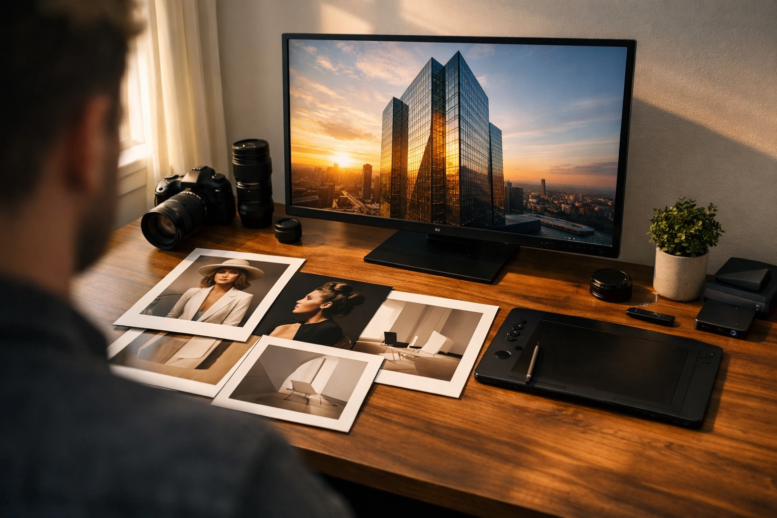Professional photographer's desk showing architectural portfolio work on a high-resolution monitor.