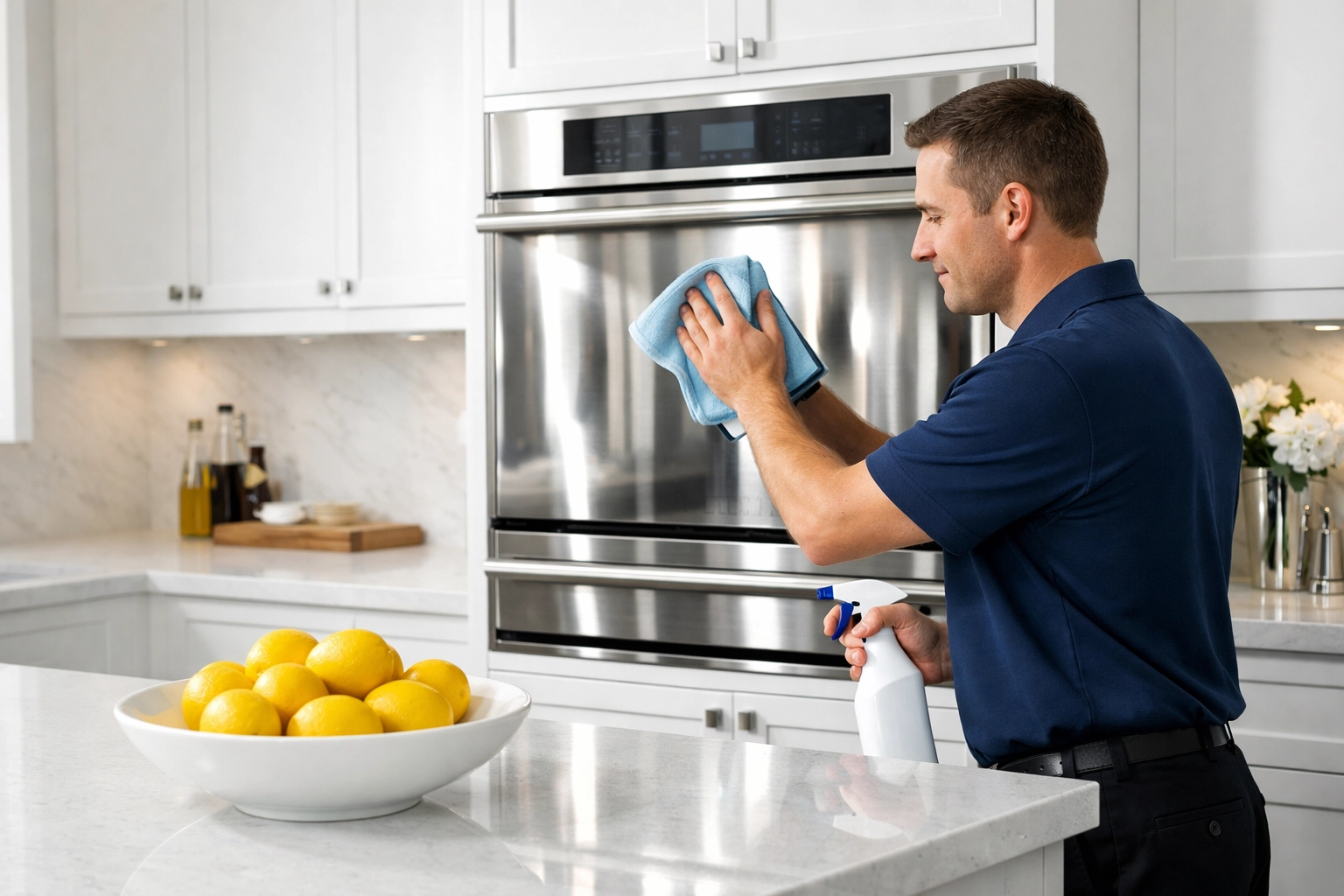 Professional cleaner polishing a luxury kitchen oven for a move-out Apartment Cleaning Boston.
