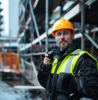 Ein Sicherheitsmitarbeiter auf einer Baustelle in Wien koordiniert den Zugang, während im Hintergrund mobile Kameratürme das gesamte Areal absichern.