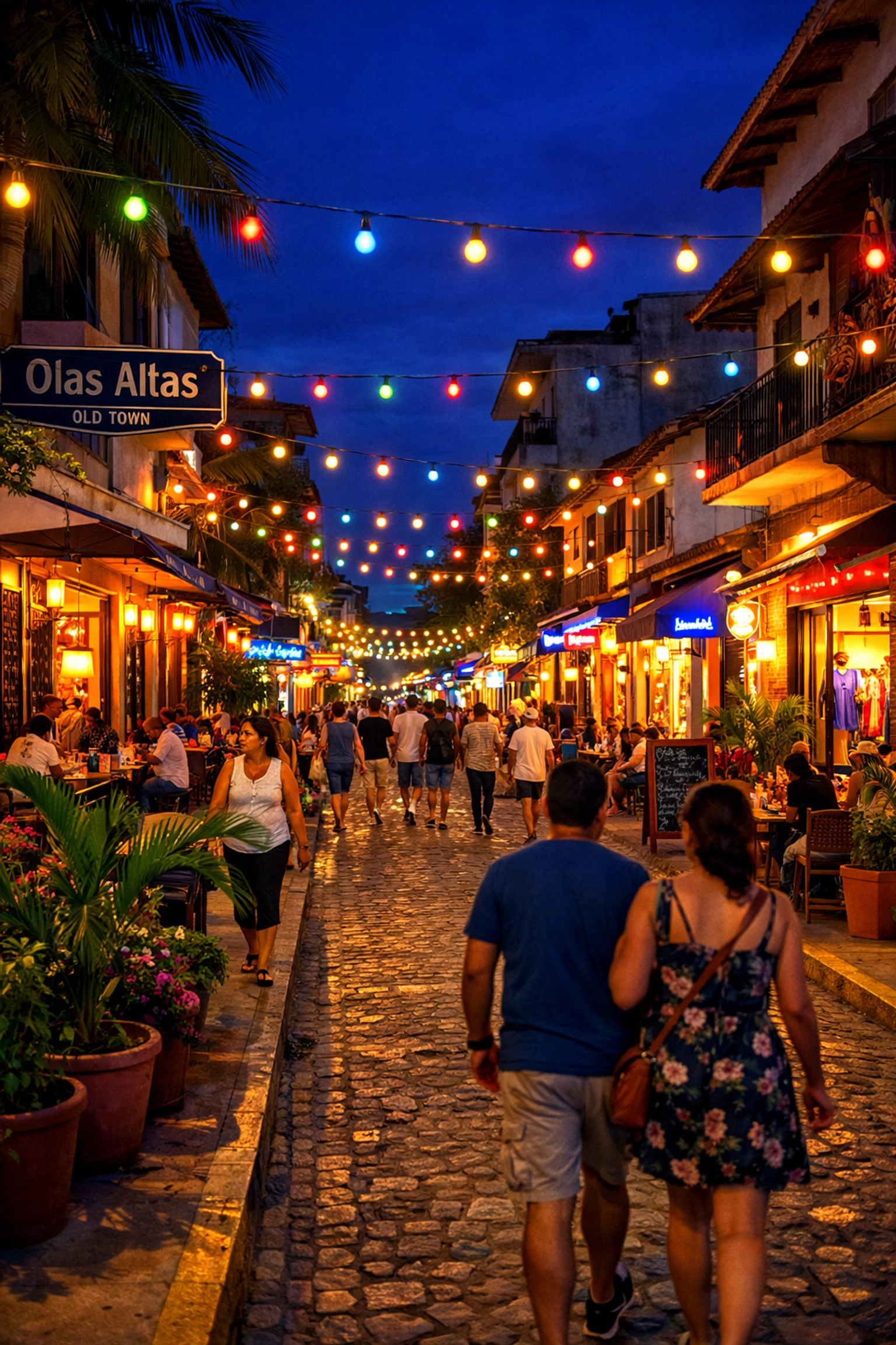 Olas Altas Street in Old Town Puerto Vallarta bustling with evening pedestrians and lights