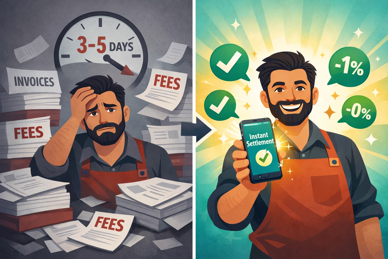 Merchant comparing slow traditional payment settlement versus instant crypto payment processing