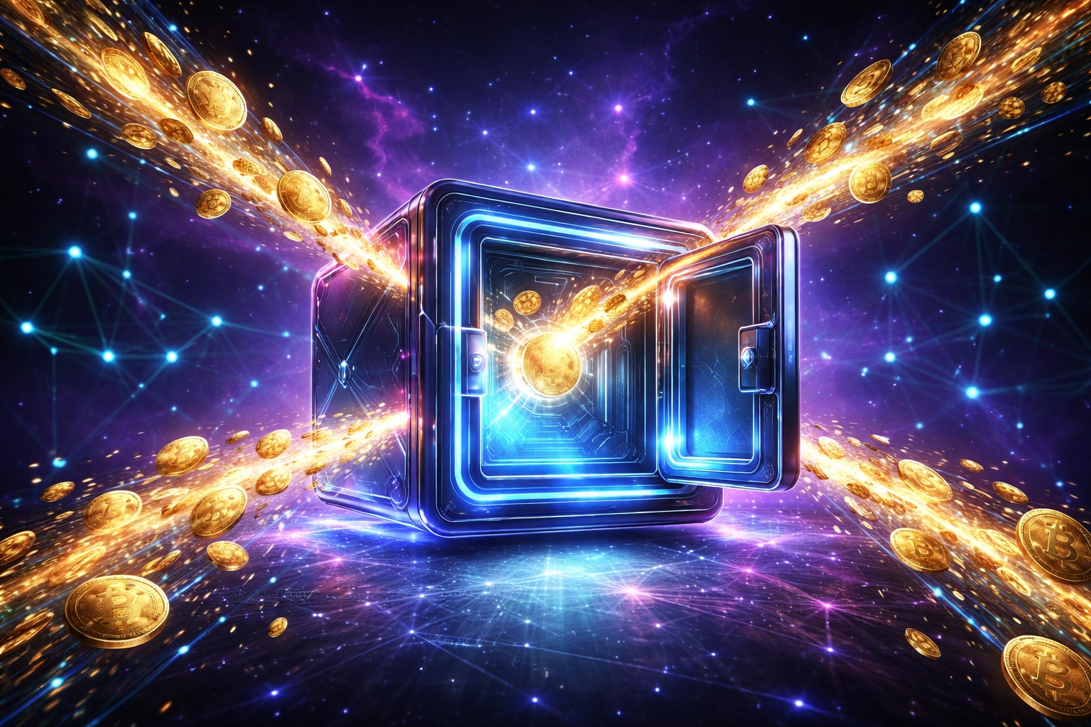 Glowing digital wallet in space receiving cryptocurrency coins, symbolizing Web3 global payments and financial sovereignty.