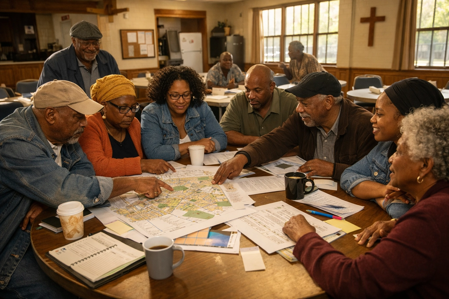 Community members planning faith-based economic development strategies in church fellowship hall