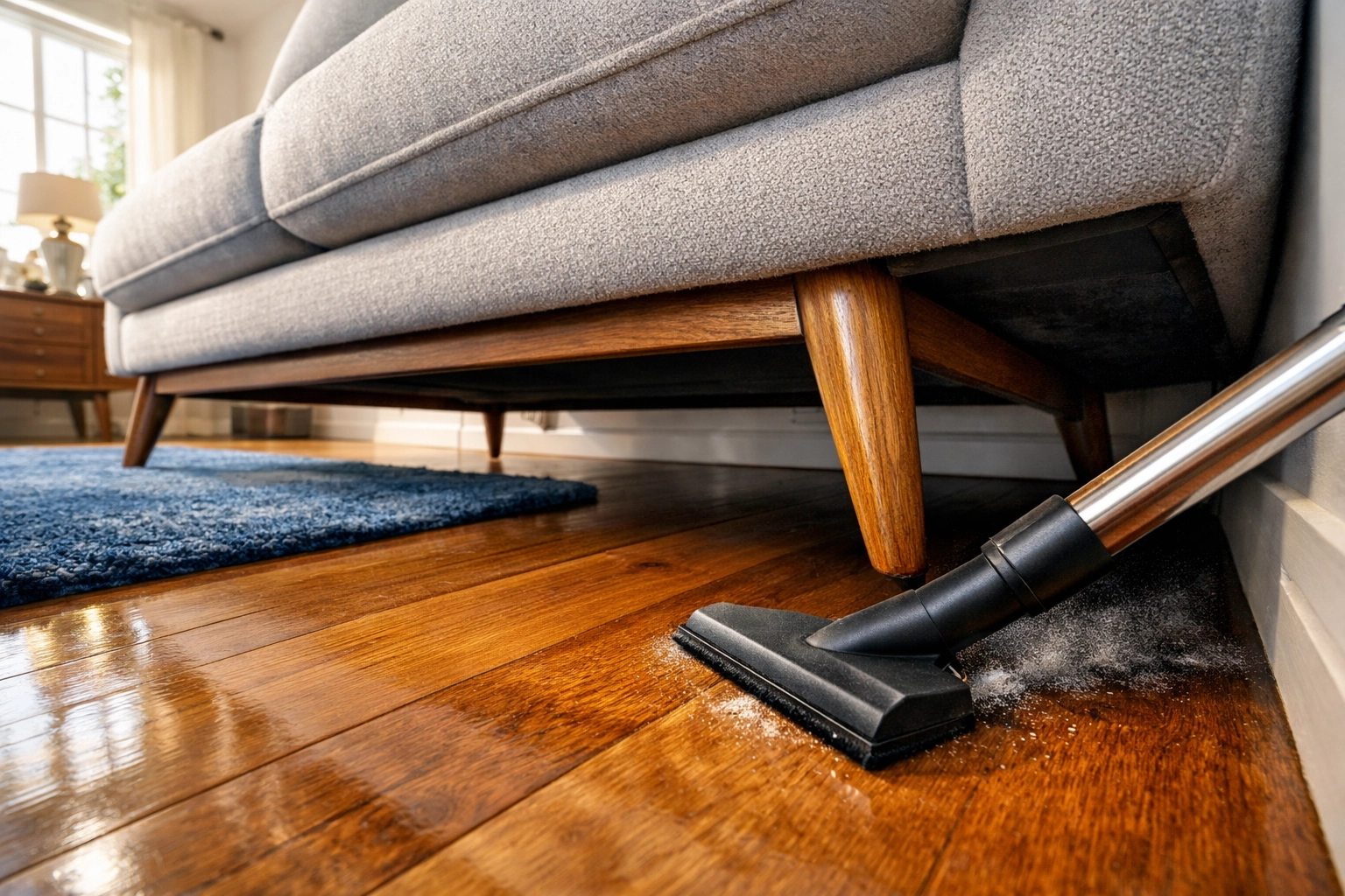 Vacuuming hard-to-reach spots under a sofa during a professional deep cleaning in Maynard.
