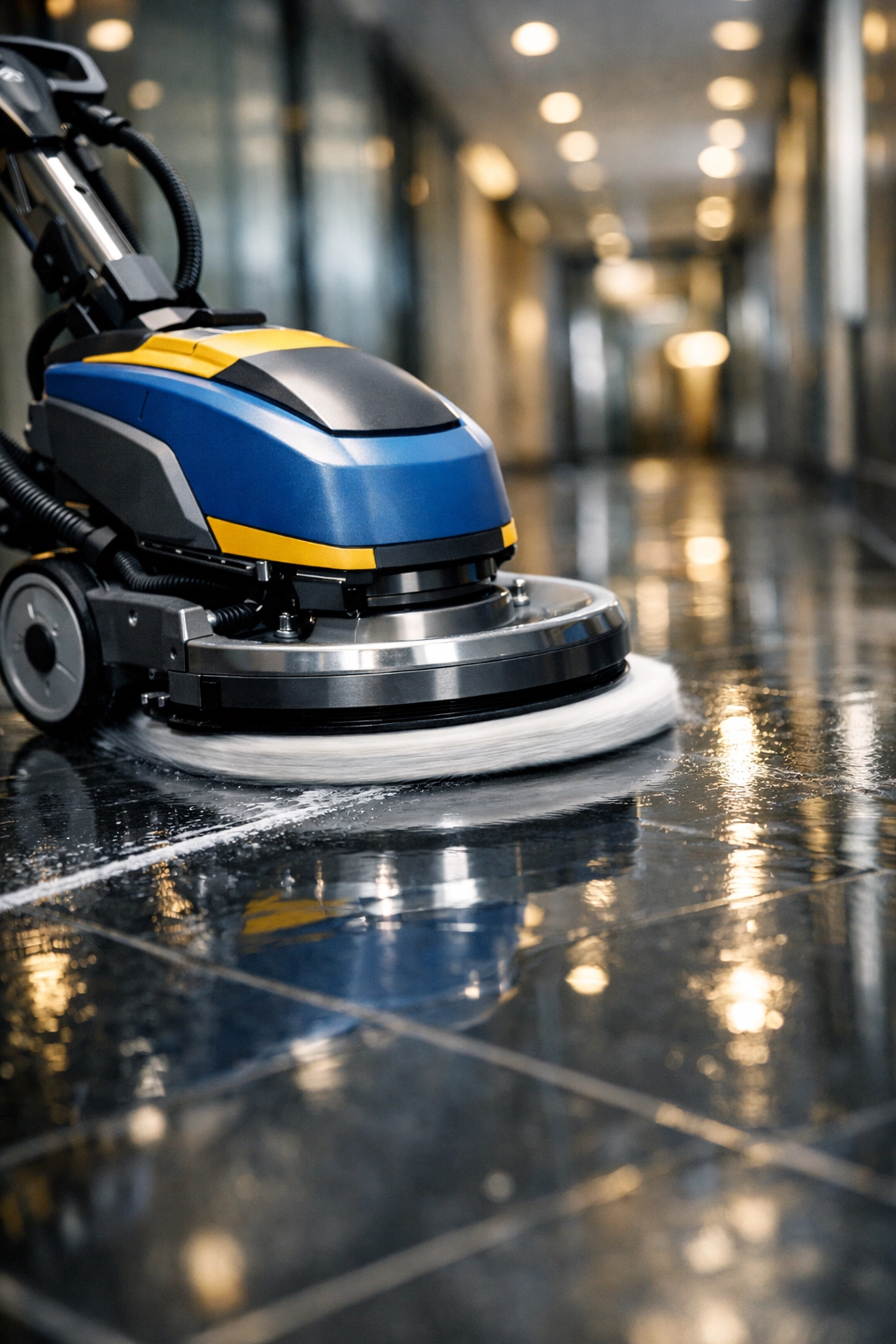 Professional floor polishing equipment cleaning a high-end commercial office hallway in Framingham.