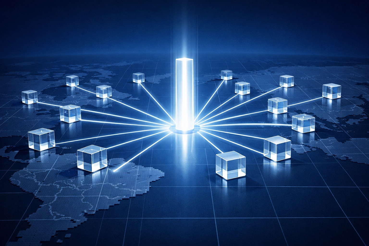 Minimalist digital map showing multi-location business locations synchronized to a central management hub.