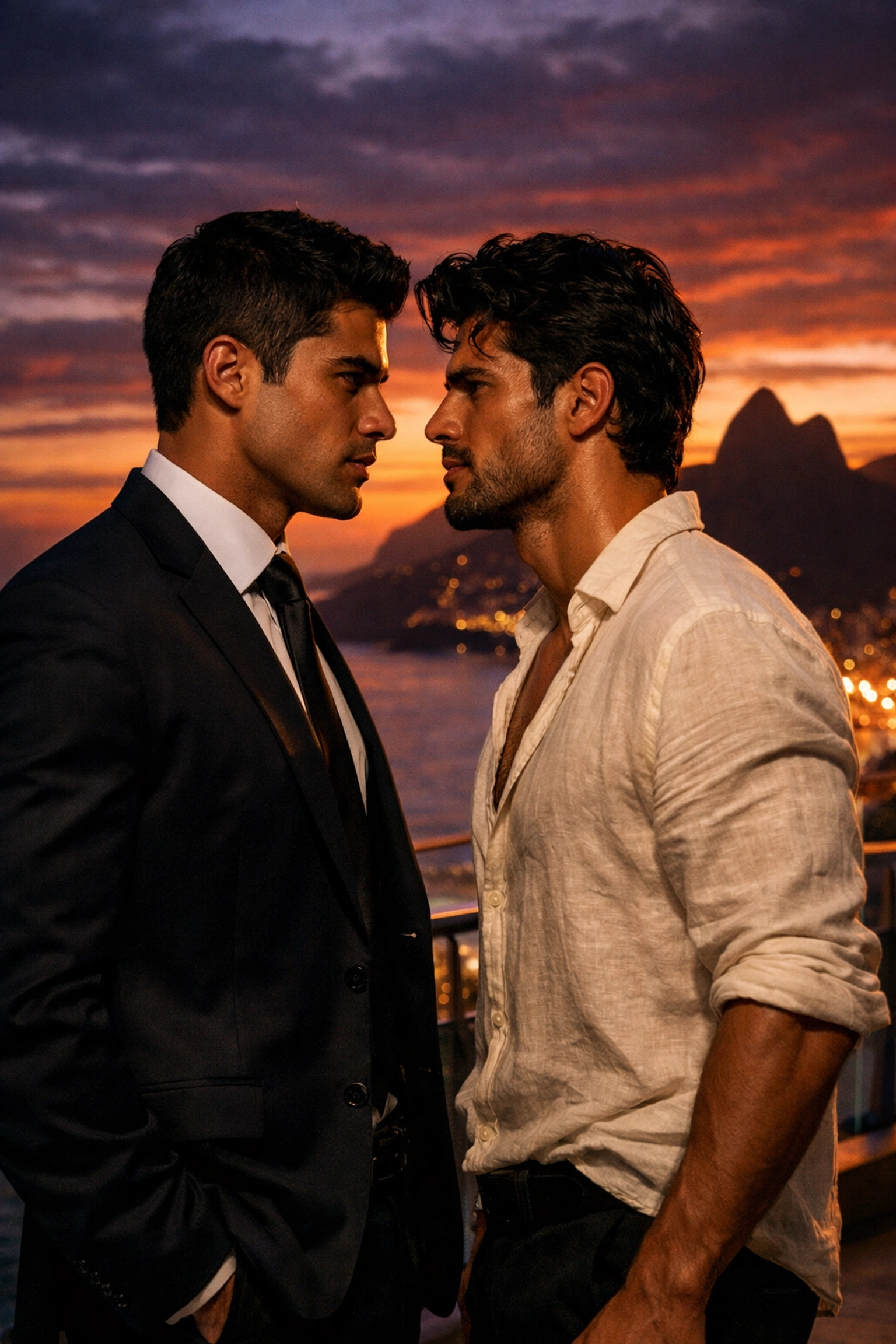 Rival heirs in a dramatic enemies to lovers MM romance standoff on a Rio balcony during sunset.