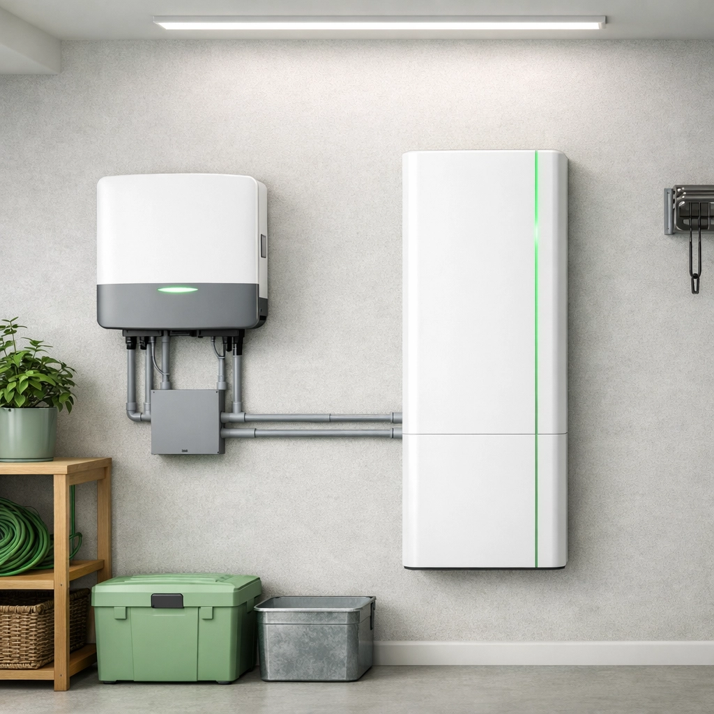 Modern solar battery storage unit and inverter professionally installed in a Wiltshire home utility space.