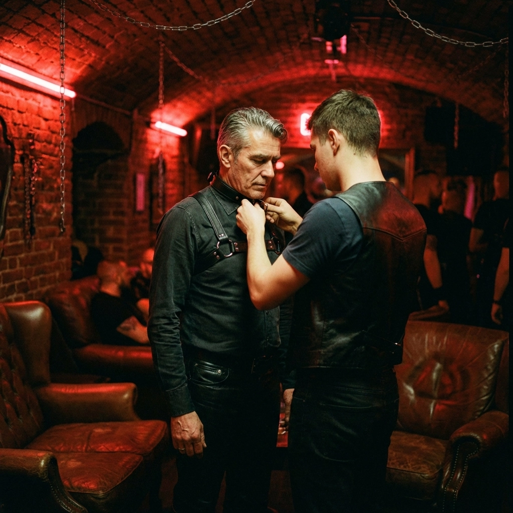Two men in leather club, younger dom adjusting older sub's collar in intimate trust moment