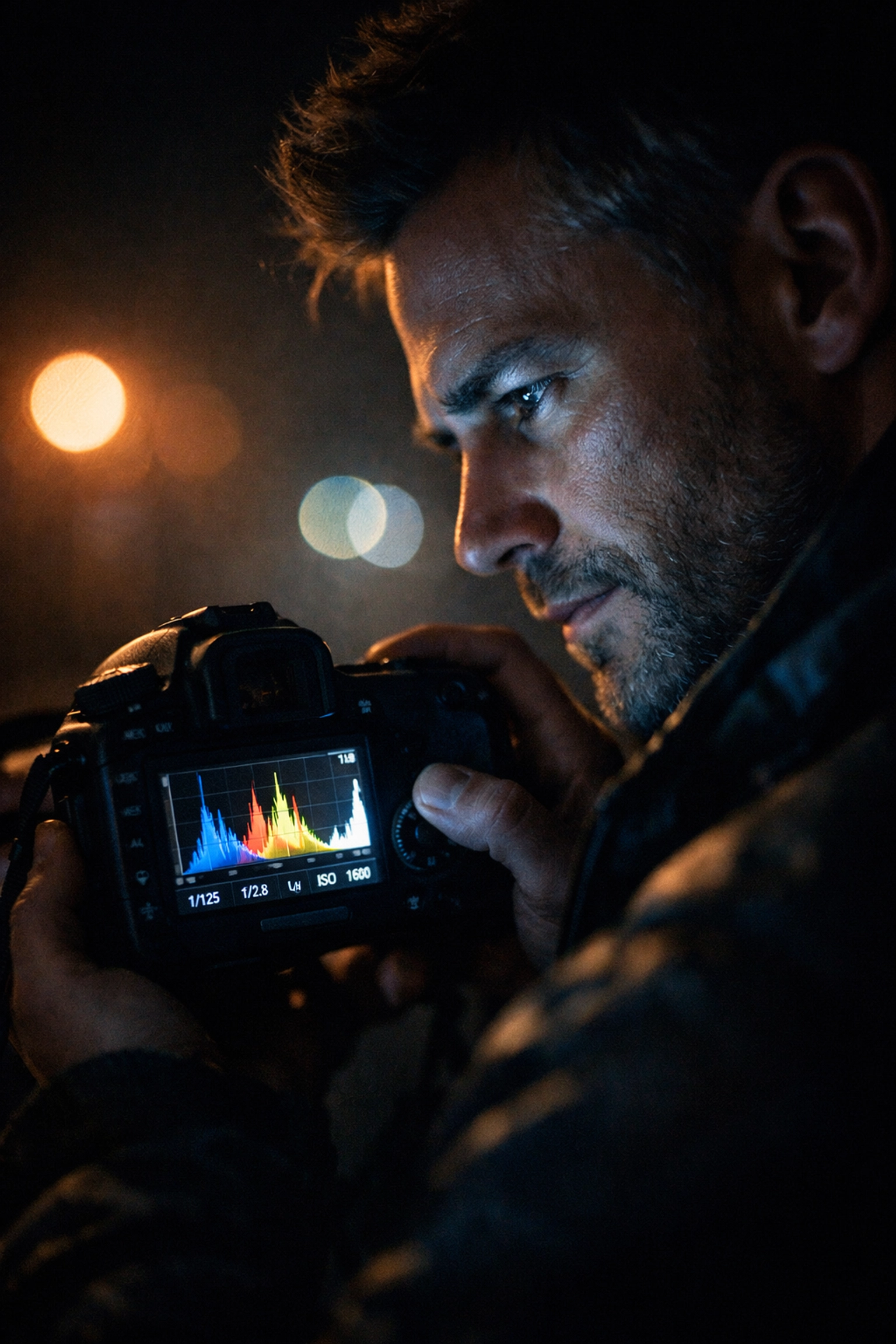 Photographer checking the histogram on their camera screen to master manual mode exposure.