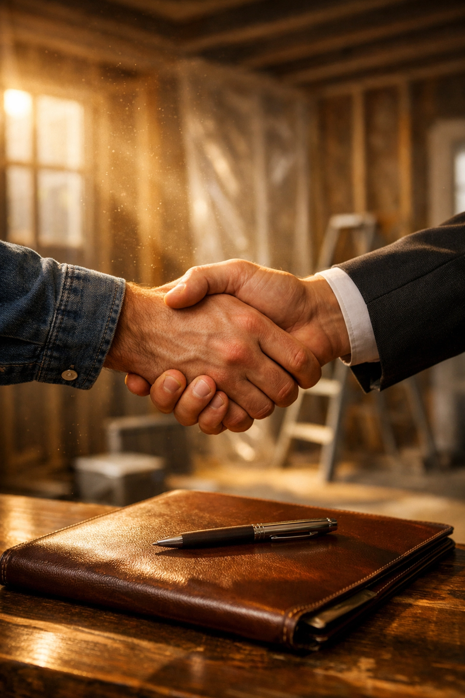 A professional handshake in a renovated home representing trust and a successful building partnership.