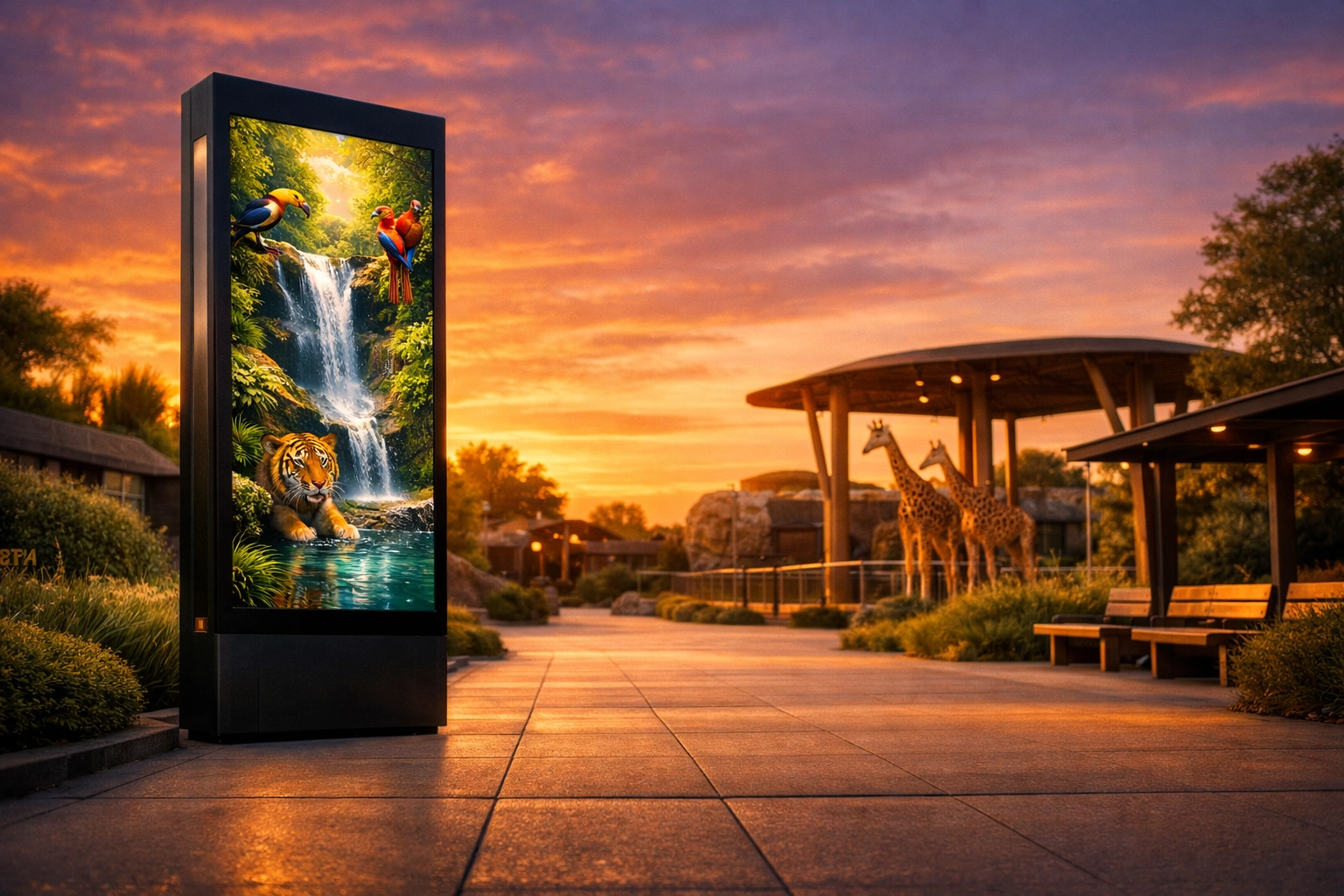 Premium digital advertising pylon in a zoo plaza near animal habitats for unique outdoor marketing placements.