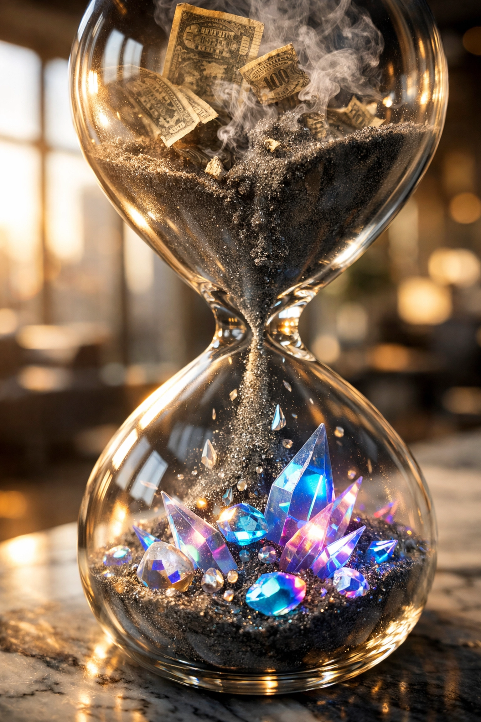 An hourglass transforming cash into digital assets to represent building a strong Gen Z investment portfolio.