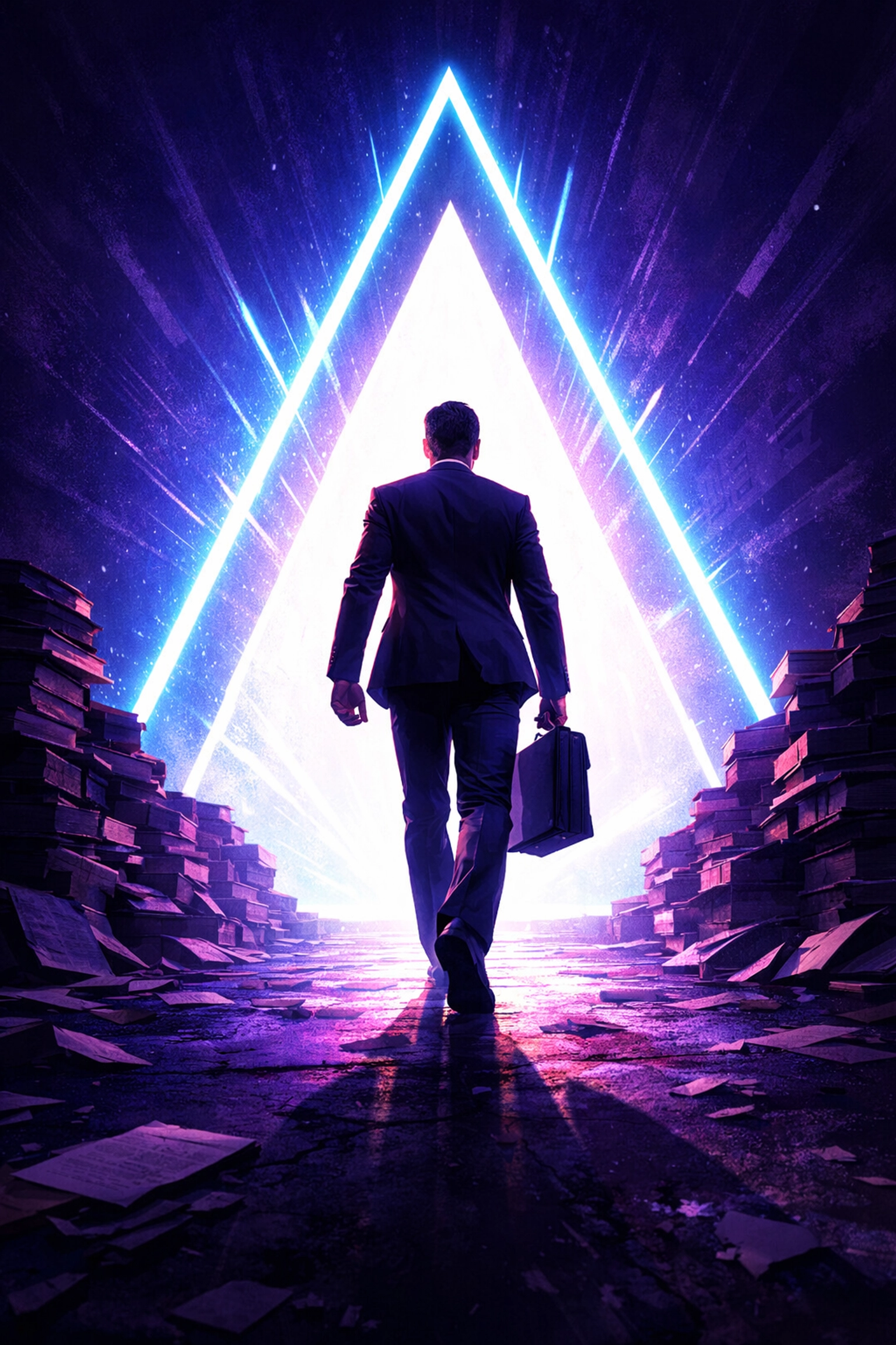 A graduate walking toward a bright neon portal, leaving textbooks for a career in AI automation.